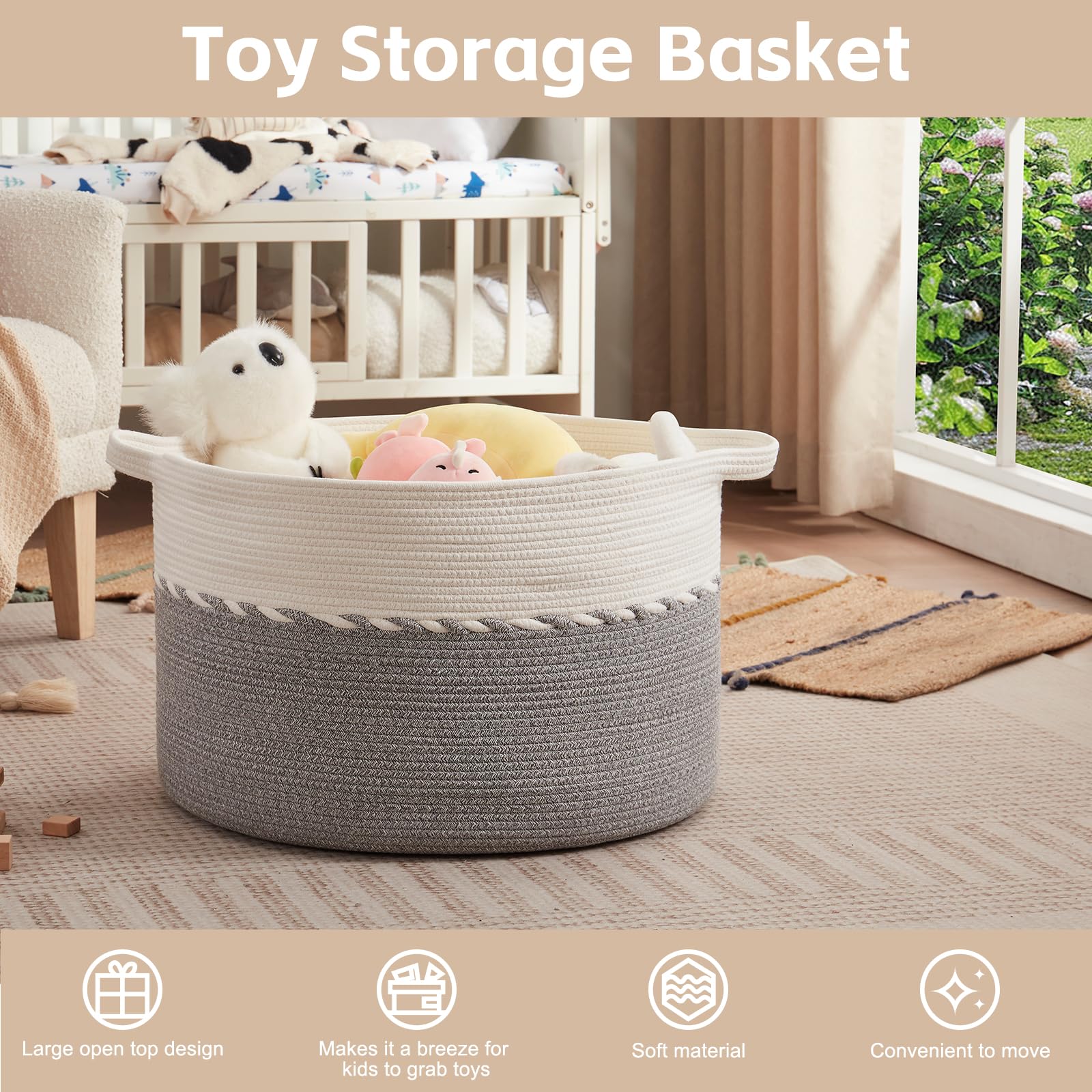 OIAHOMY Extra großer Korb für Decken, 63,5 x 40,6 cm, Jumbo-Wäschekorb, Baumwollseilkorb mit Griffen für Wohnzimmer, Baby-Spielzeugkorb zur Aufbewahrung, Grau