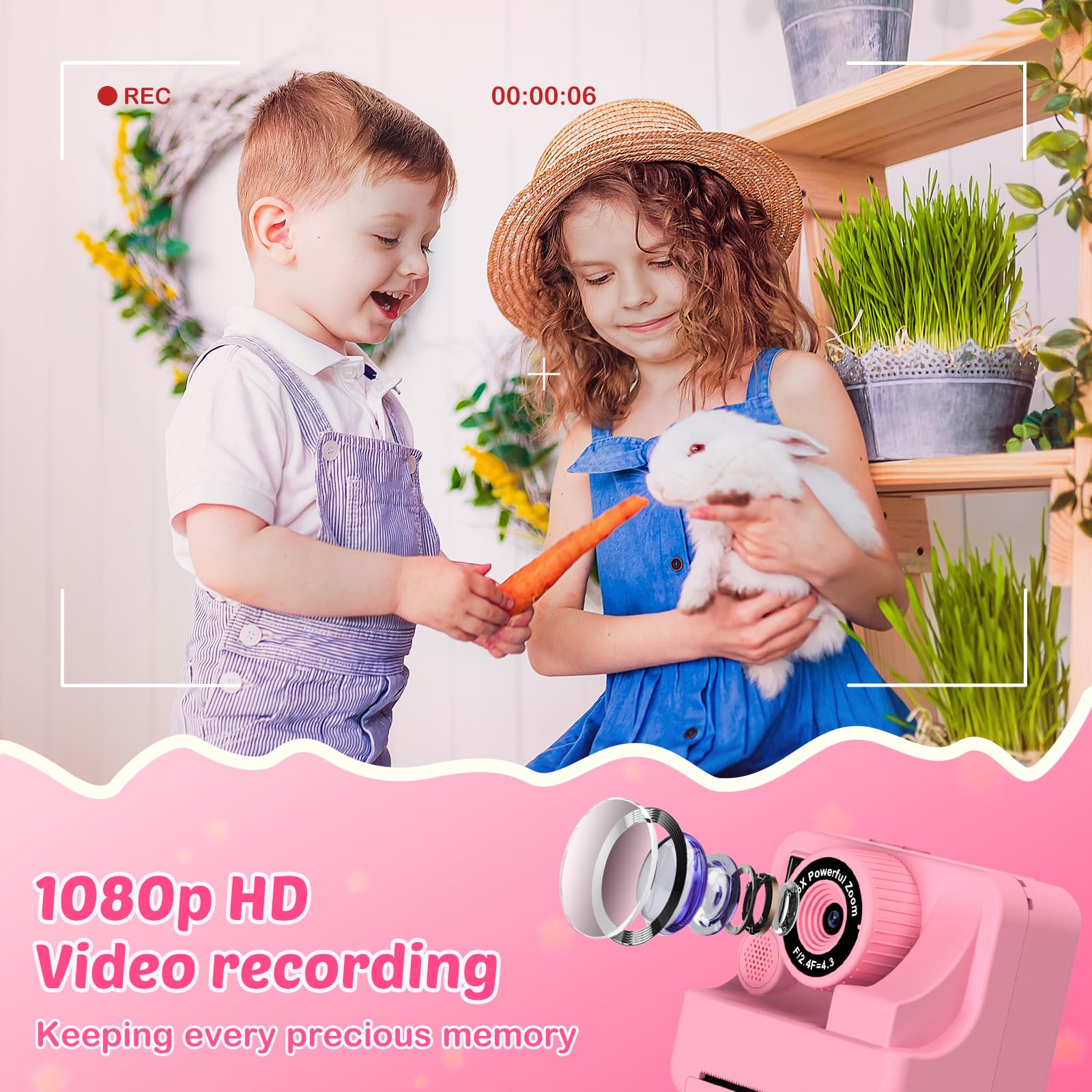 Sofortbildkamera Kinder mit Selfie 1080p, 32GB Karte & 3 Rollen Druckpapier, Geschenke für Jungen & Mädchen 3-12 Jahre
