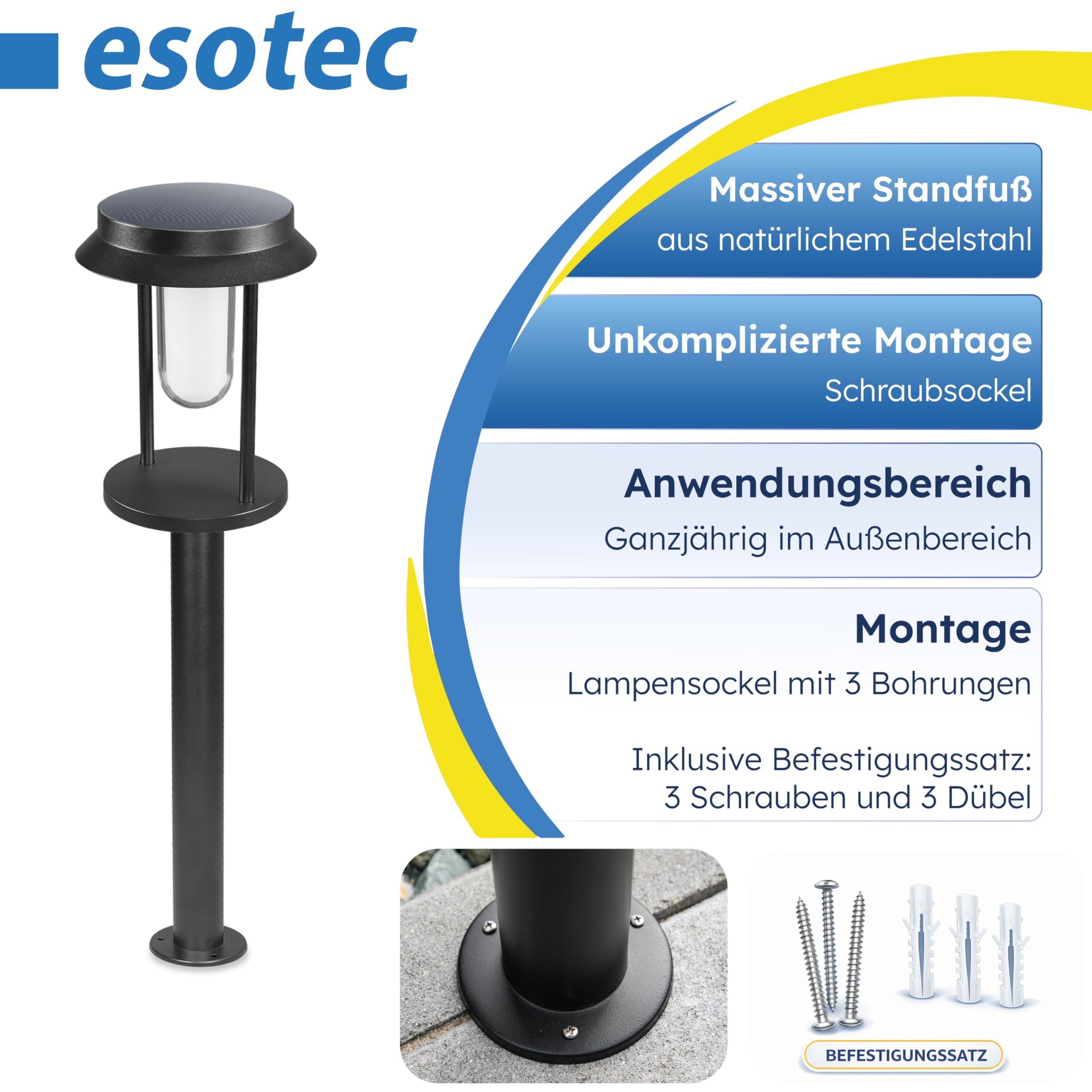 Esotec Solar-Standleuchte für außen SVENJA 73 | Edelstahl-Gehäuse | LiFePO4 Akku | USB-C | LED-Solar-Leuchte Solar Außenleuchte Gartenbeleuchtung Gartendeko | metall schwarz H=73,5cm 102930