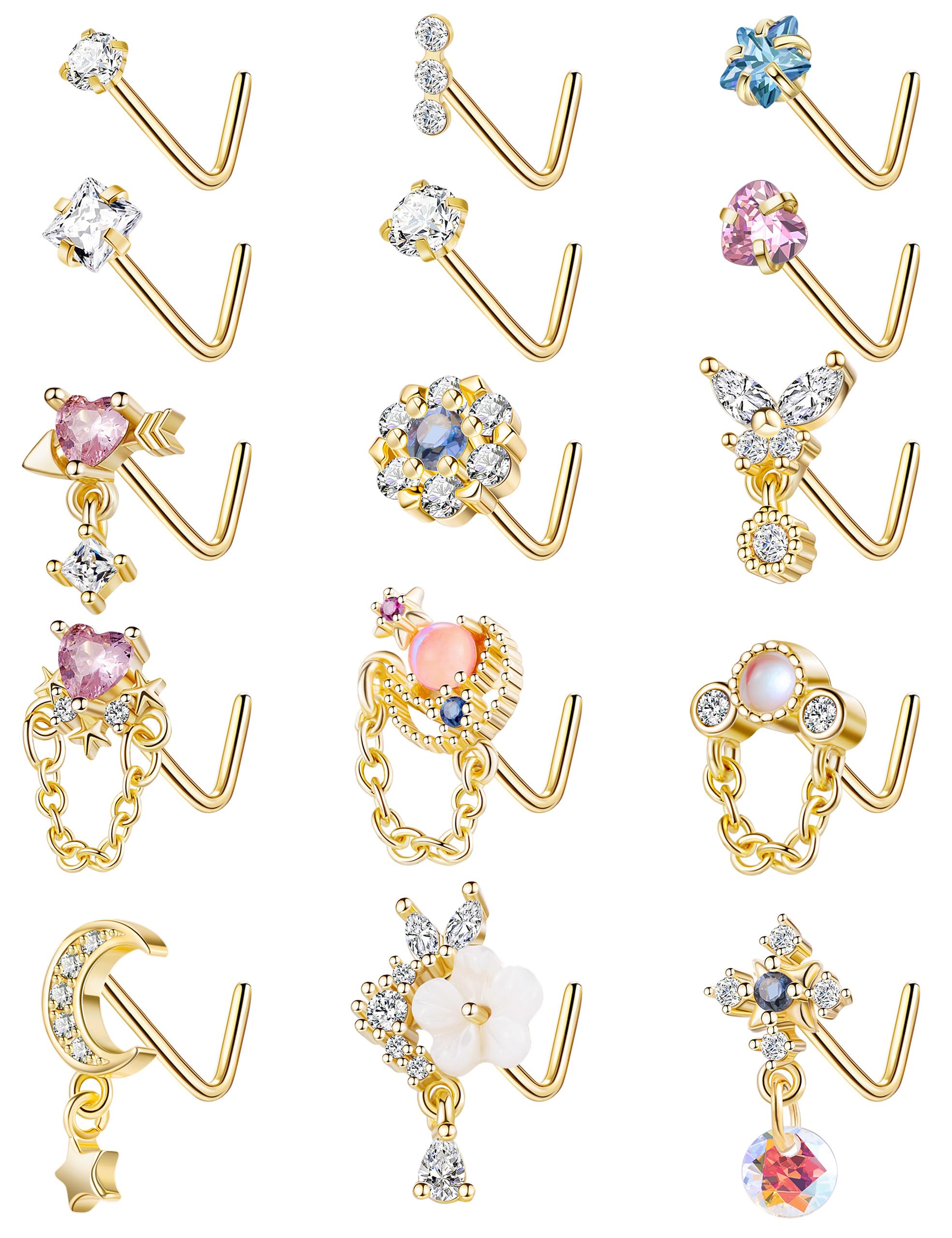 Vegolita 15PCS 20G 316L Stainless Steel Dangle Nose Studs for Women L Shape Nose Stud Moon Chain Heart Flower Nose Rings CZ Dangling Nose Piercing