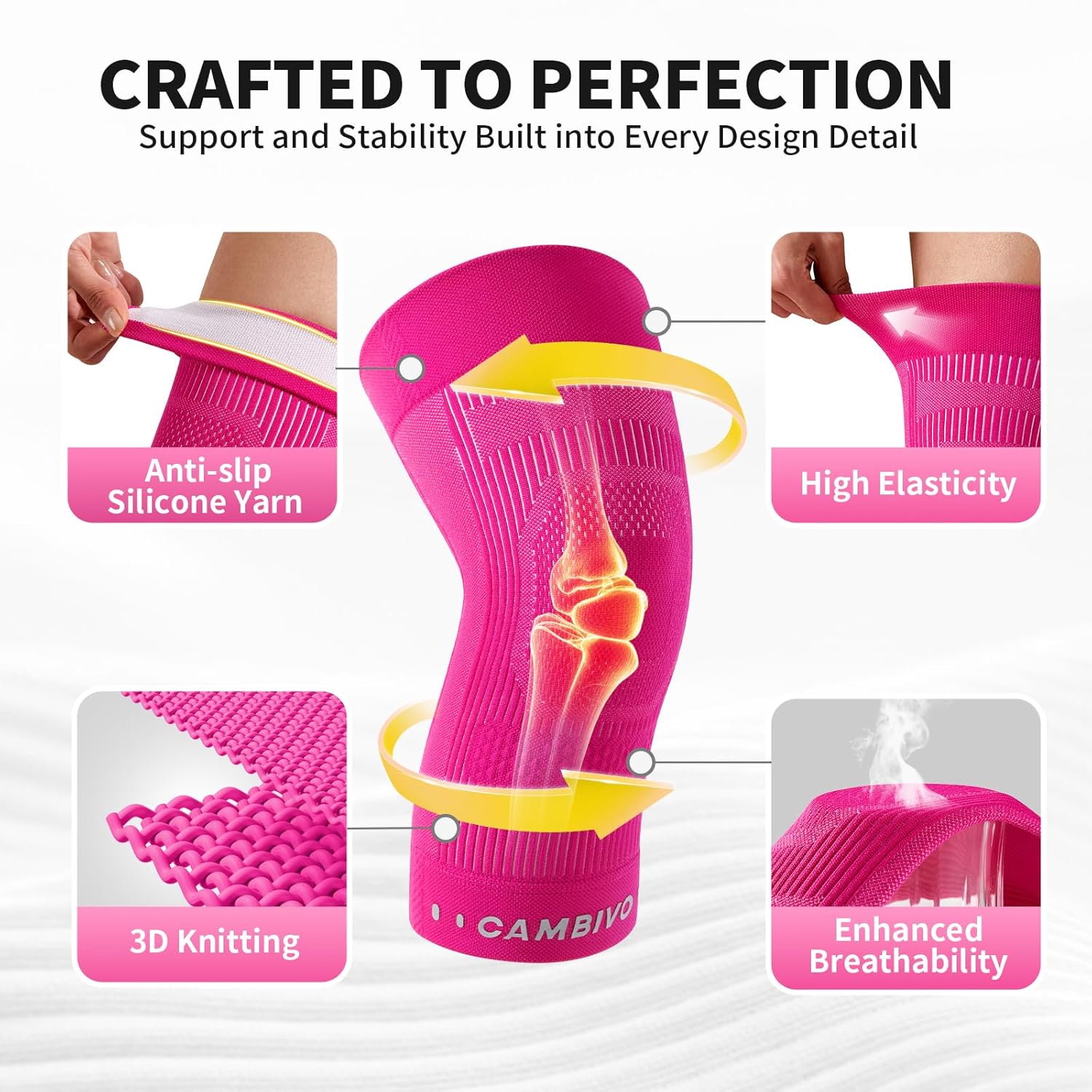 CAMBIVO Knee Brace for Women and Men (2 Pack), Ultra-Thin Lightweight Knee Compression Sleeve (Hot Pink, Large) - Image 7