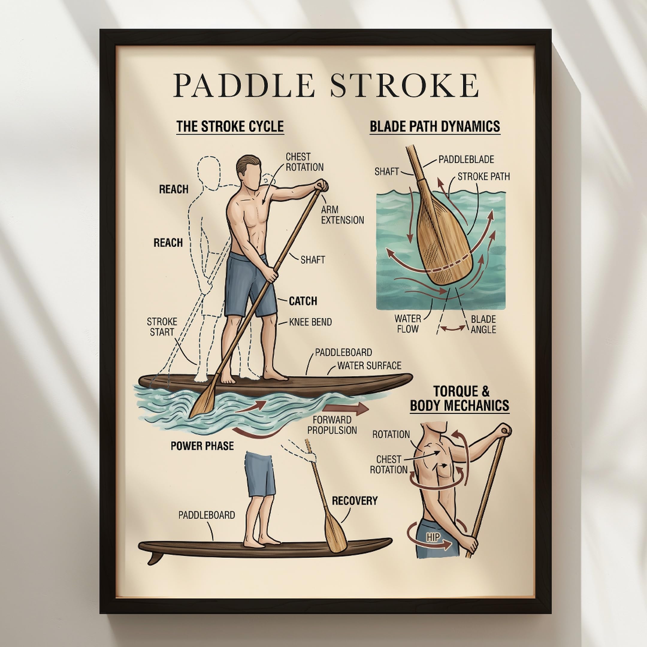 Wallbuddy Arte de pared de técnica de paddleboard (30 x 40 cm, Marco Black)