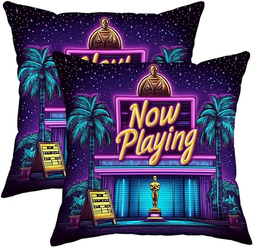 Juego de 2 fundas de almohada retro de neón, coloridas fundas de cojín con temática de cine que ahora se reproducen, almohadas decorativas estilo