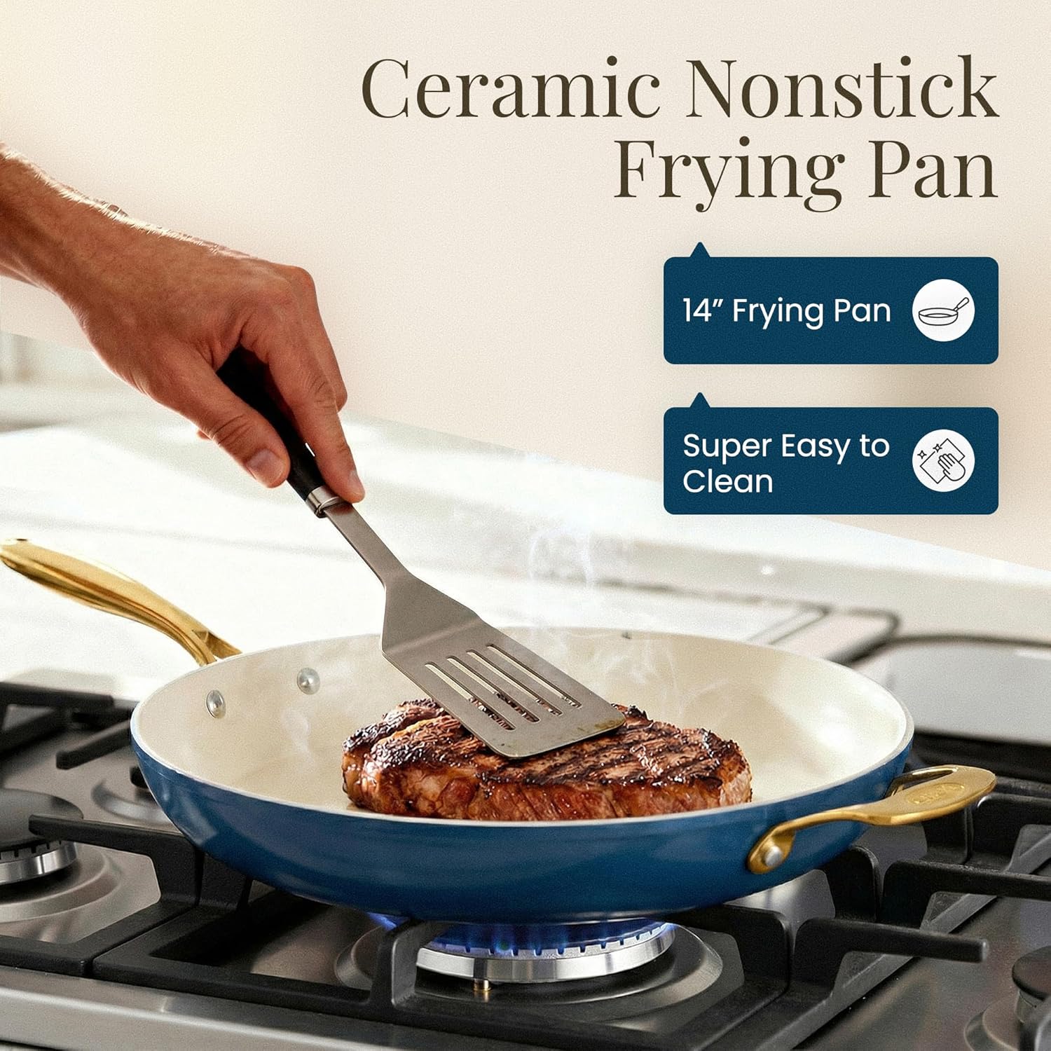 Gotham Steel 14 Inch Non Stick Frying Pans, Family Sized Non Stick Skillet, Large Frying Pan Nonstick Frying Pan, Induction Pan, Nonstick Pan for Cooking, Oven Safe Skillet, Dishwasher Safe–Cream Navy