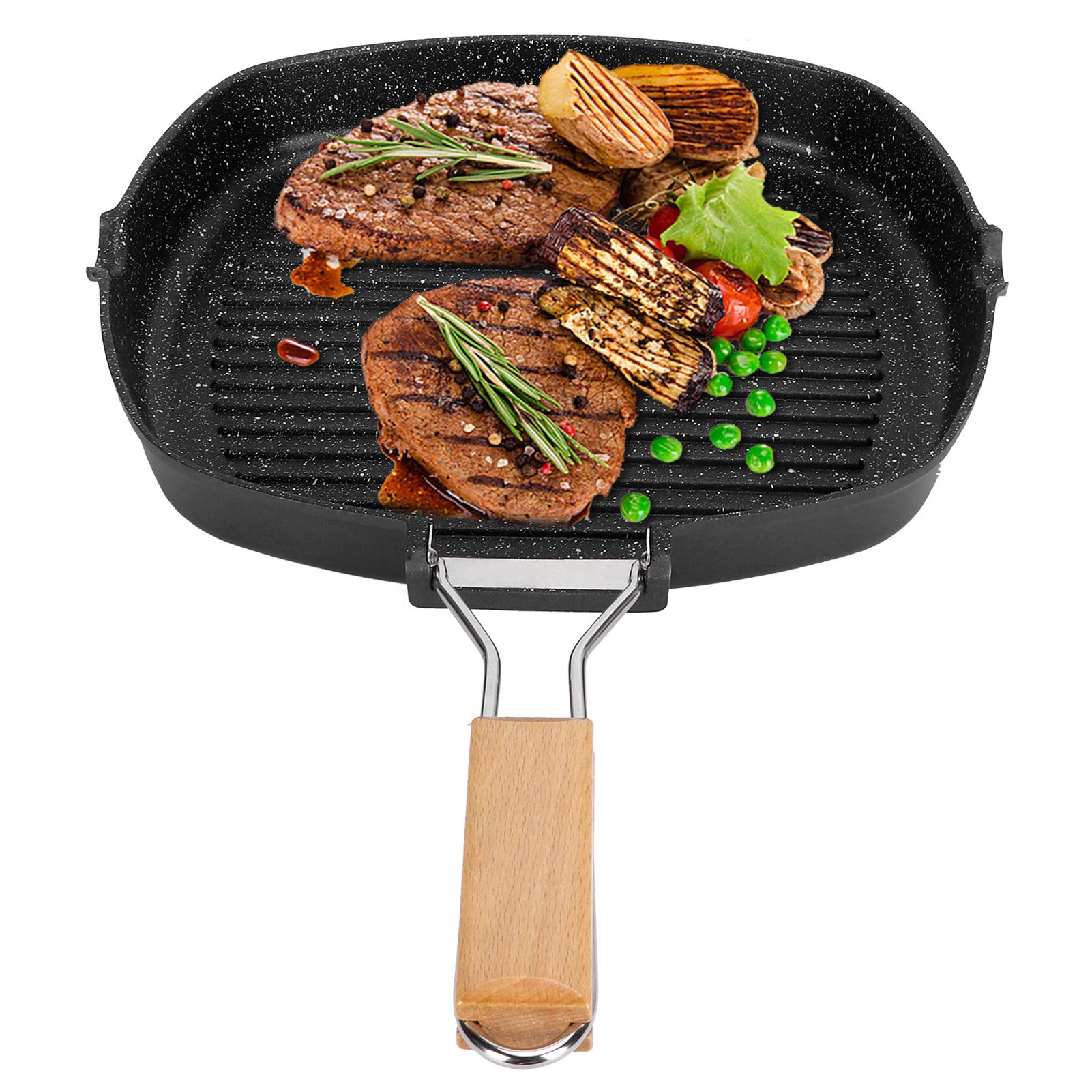 flexman Antiadherente Grill Pan, Multi Purpose Square Steak Fridge Pan con Maniglia Pieghevole in Legno, Grill Skillet Steak Pan per Stufa a Induzione, Stufa a Gas Generale