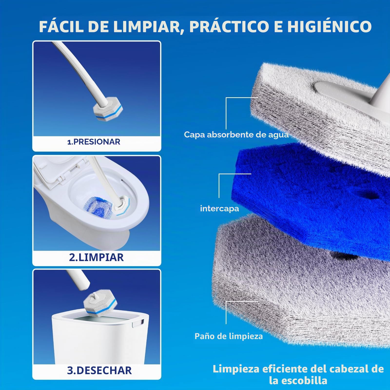 Sistema de Limpieza de Cepillo de Inodoro desechable, Cepillo de Limpieza de Inodoro, 50 Cabezales de Cepillo de Repuesto, Palo de Limpieza de Inodoro, Kit de Varita de toliet montado en la Pared,