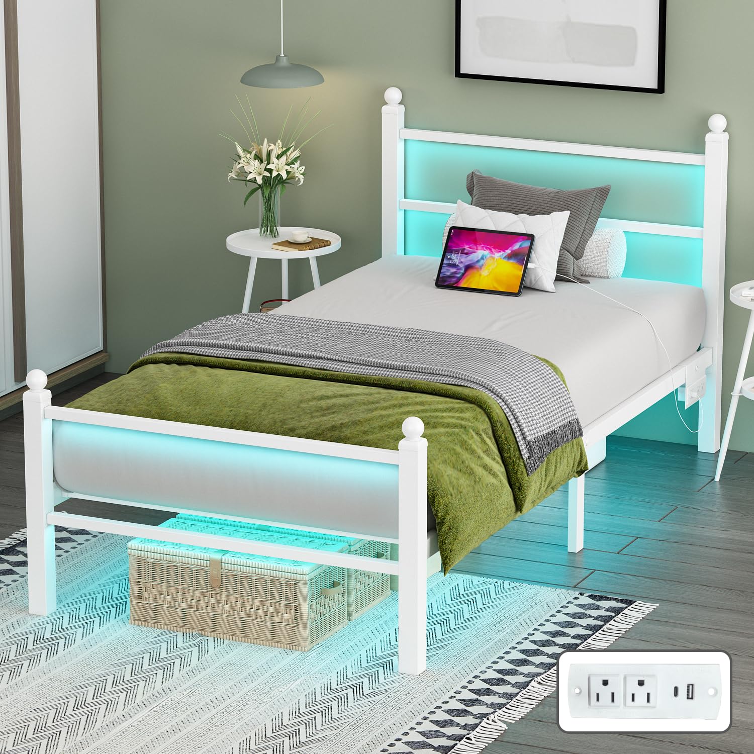 Gohapnis Twin Bed Frames with Headboard and Footboard,White Metal Platform Bed Frame with RGB LED Lights and USB Charging Station,Under Bed Storage,No