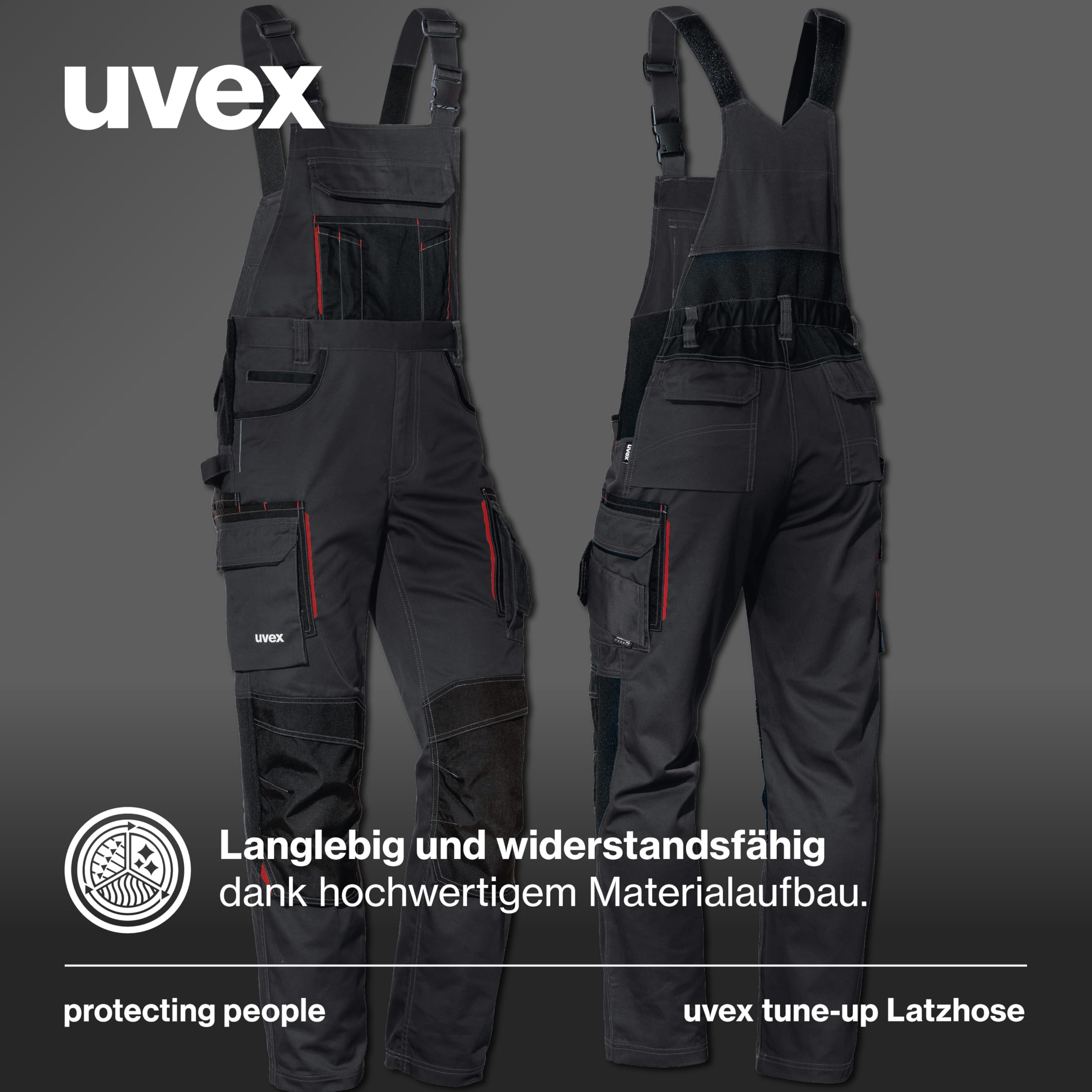 Uvex Tune-up długie męskie spodnie robocze - długie ogrodniczki z kieszeniami na kolanach - spodnie ogrodniczki premium, czarny/czerwony, 54