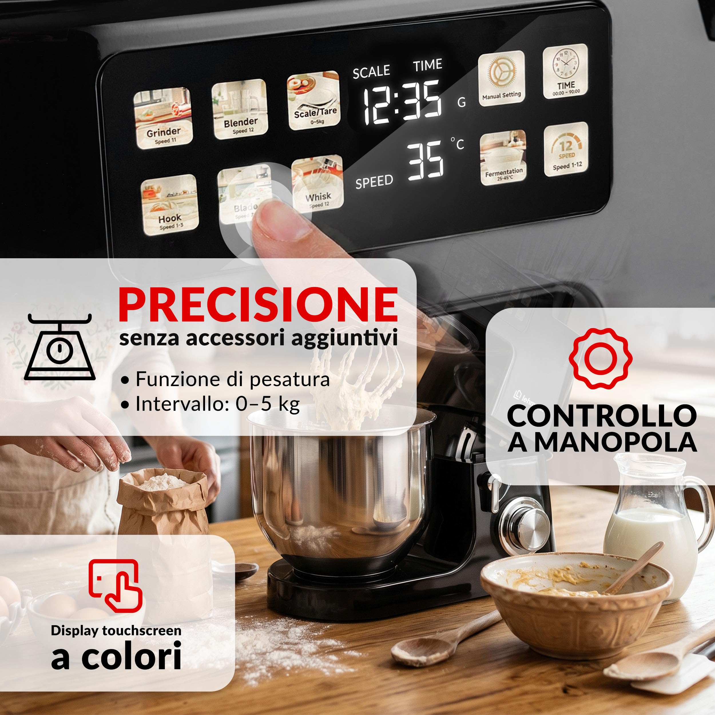 LEHMANN Teyles Impastatrice Planetaria Professionale 2100W 8L con Bilancia Integrata, Touchscreen e Ciotola Riscaldata, Blender 1,5L, Tritacarne, Planetaria per Pane e Pizza, Nero