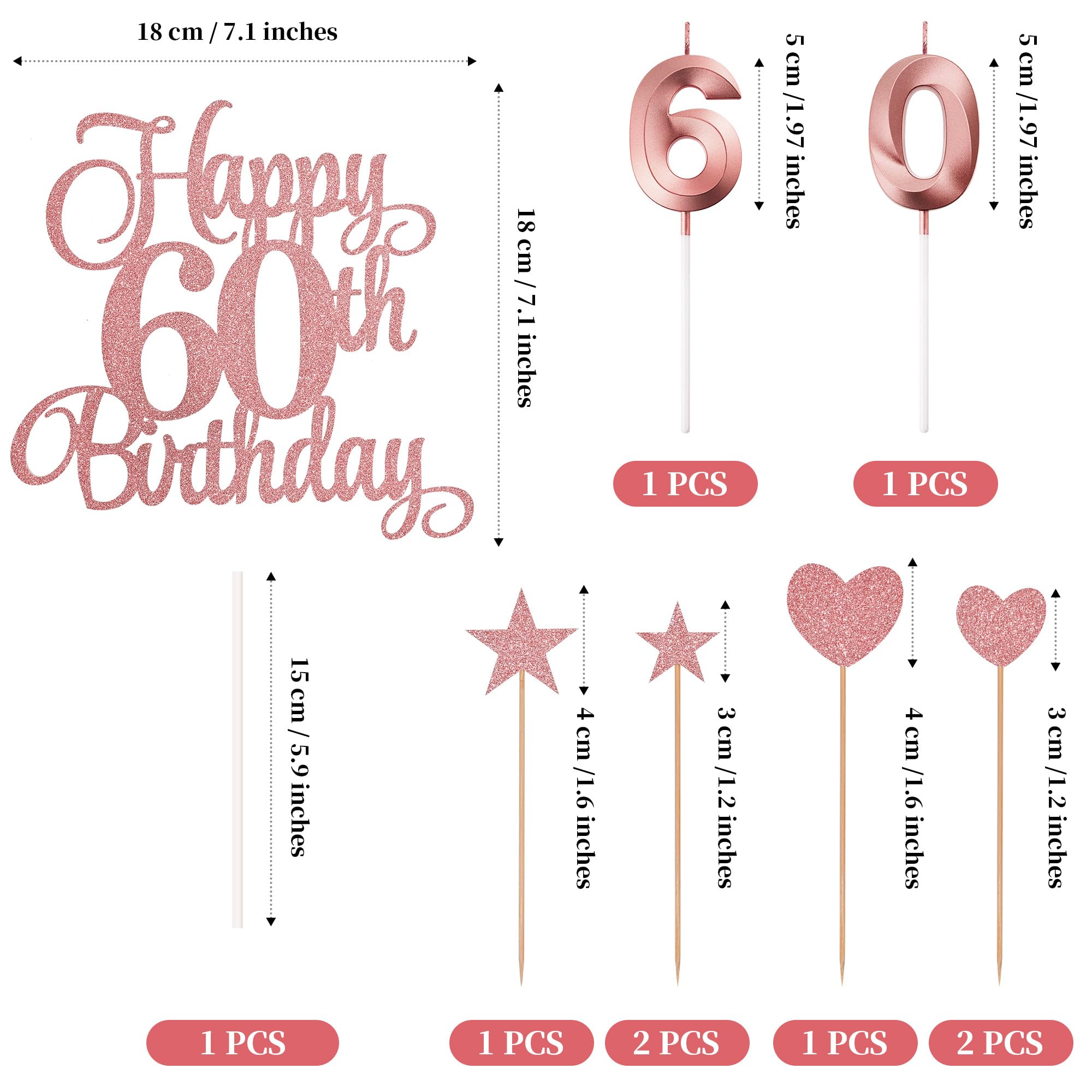 Lecferrarc 60th Birthday Cake Toppers, 60th Birthday Candles Numeral Candles and Glitter Cake Decorations Toppers Set for Party Supplies (Rose Gold)