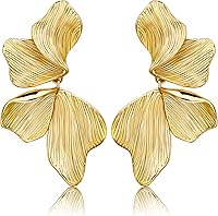 18K Gold Plated Statement Stud Earrings for Women - Hypoallergenic Large Flower Leaf Shell Angel Wing Design