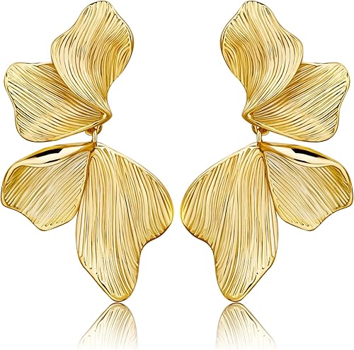 Aretes de oro para mujer, chapados en oro de 18 quilates, diseño de hoja de flor, concha de ángel, aretes grandes hipoalergénicos