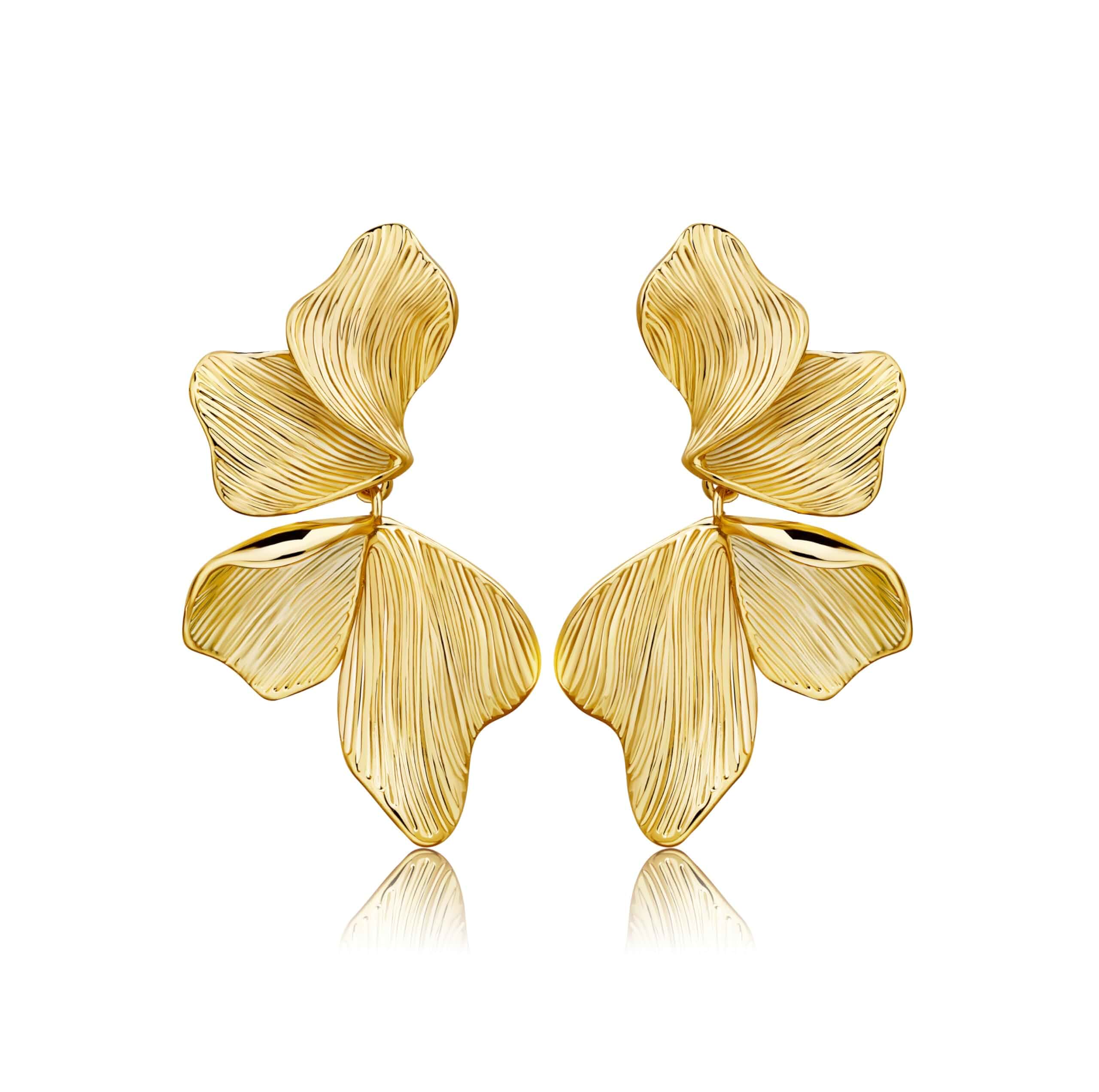 Gold Statement Earrings For Women 18K Gold Plated Sectored Flower Leaf Shell Angel Wing Earring Large Stud Earrings Hypoallergenic Stud