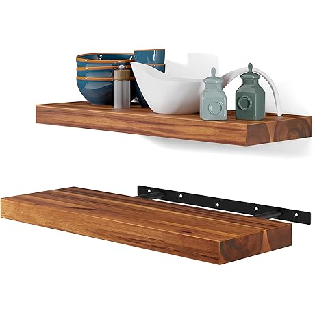 BATODA Set of 2 Floating Acacia Wood Shelves for Wall-Mounted Storage and Décor