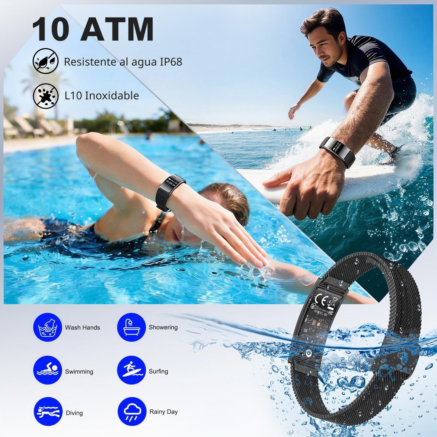 Smart Band, Pulsera Inteligente Hombre Mujer con Monitor de Sueño, Frecuencia Cardíaca, Saturación de Oxígeno, Múltiples Modos Deportivos Pulsera de Actividad, IP68, Compatible Android iOS, Negro