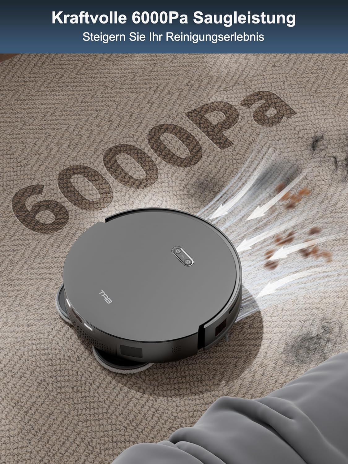 Image illustrating the 6000Pa suction power of the TAB Fairy10 robot vacuum, showing dirt being pulled into the device.