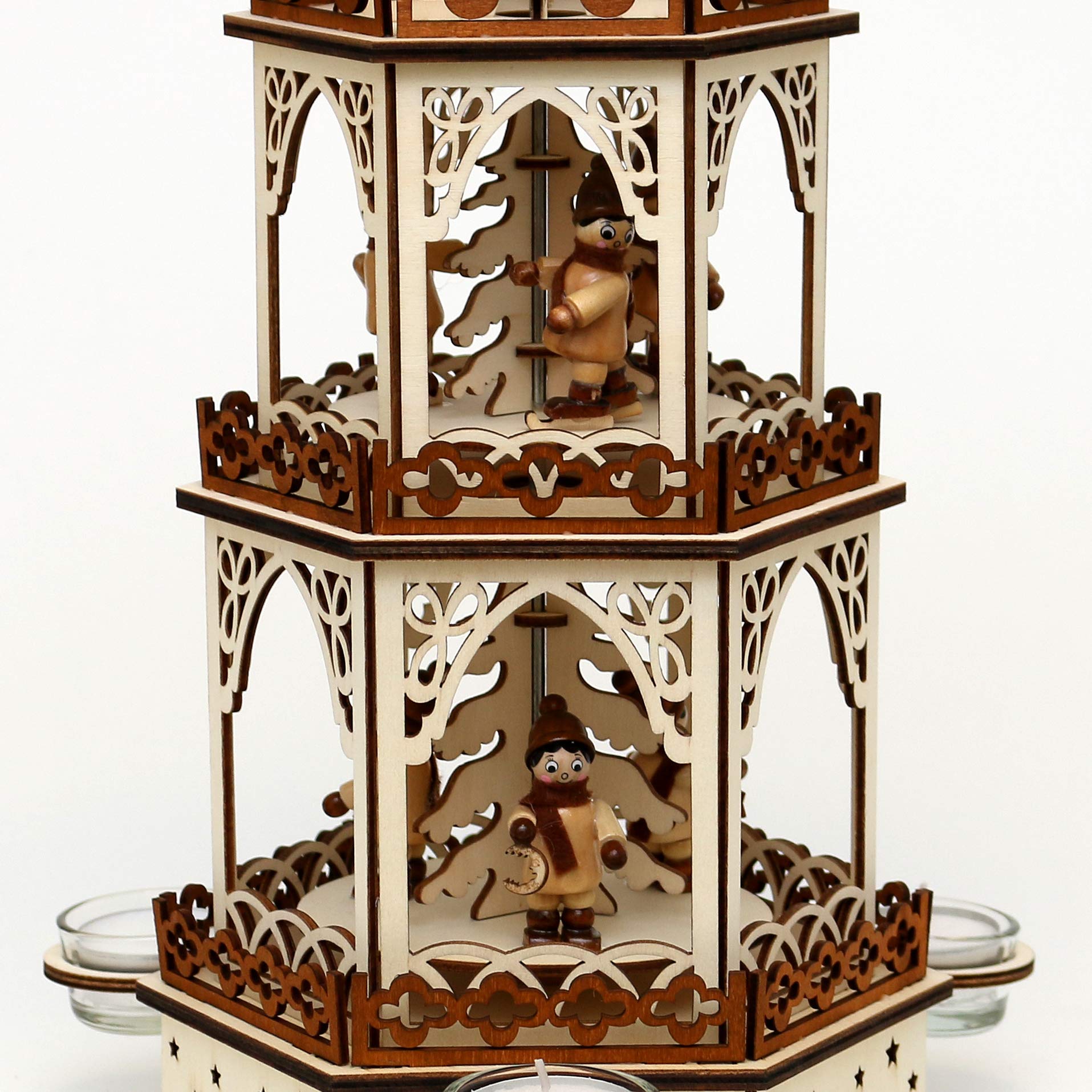 Dekohelden24 Photophore Pyramide en Bois Naturel/Marron avec 3 étages, pour 3 Bougies Chauffe-Plat, L/L/H : 19 x 16,5 x 42 cm, Motif : Enfant Lanterne.