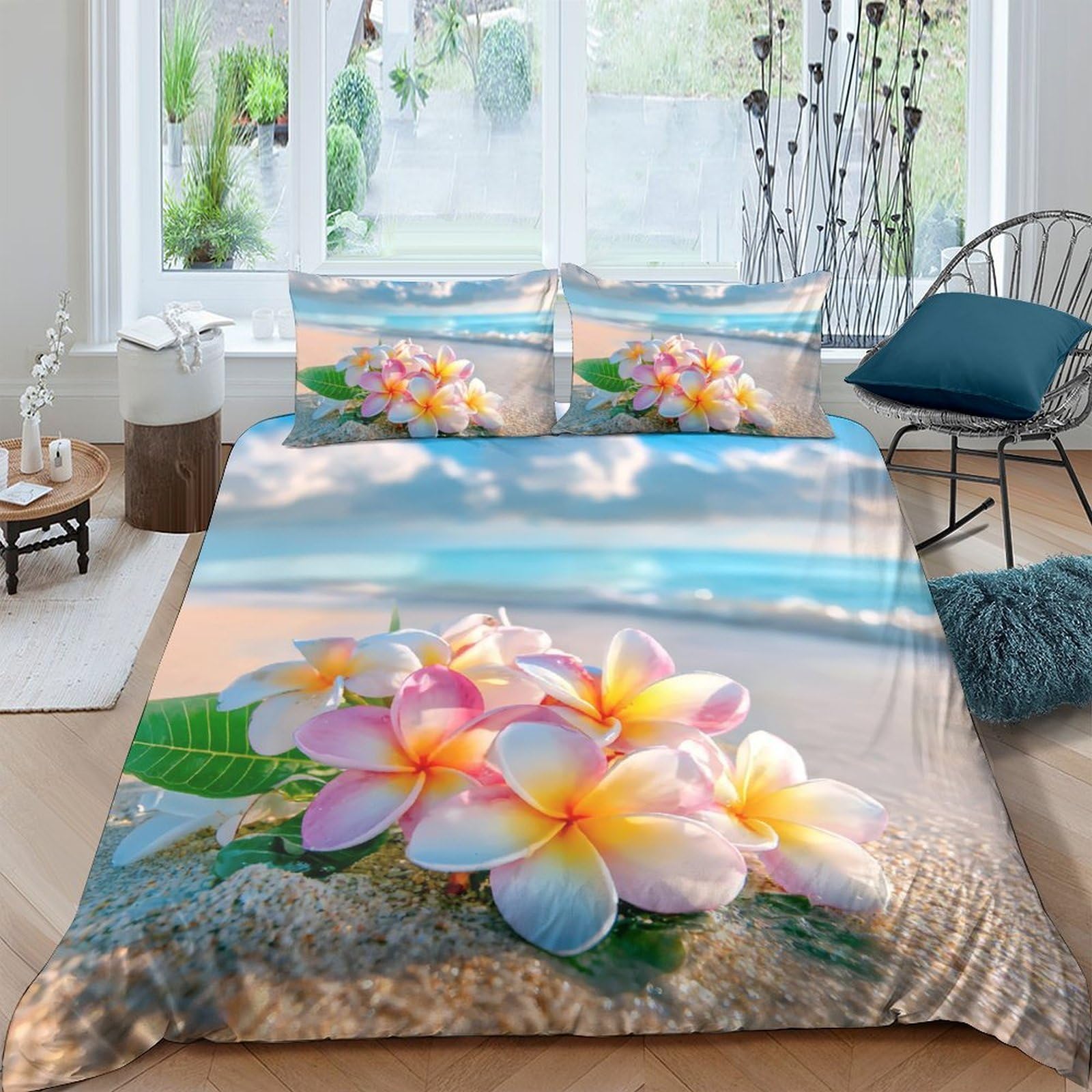 Ctjqhvkz Style-4 3D Printed Plumeria Beach Fitted Sheet Microfiber Soft Sand Ocean Mattress Cover For Bedroom Guest Room Decor Single（135X200cm）