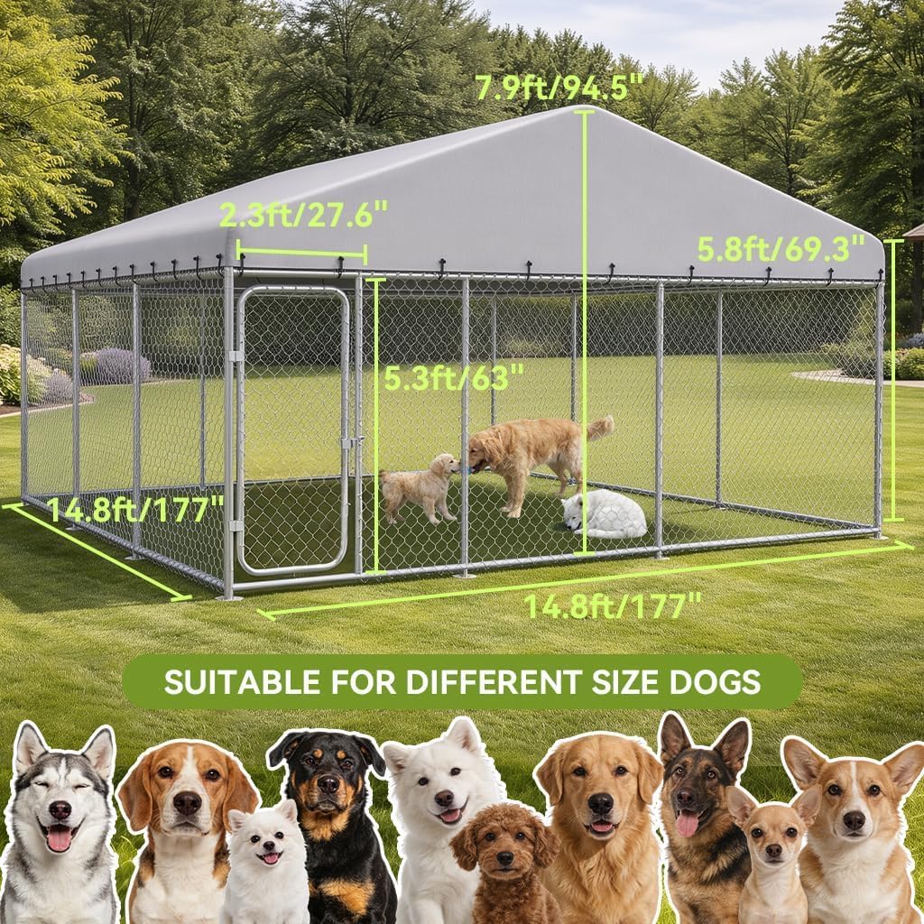 COMHOMA Dog Kennel Outdoor with Roof,Large Metal Dog Enclosure with Weather-Resistant Cover,Lockable Gate for Medium Large Dogs (Silver, 14.8x14.8FT (177in)