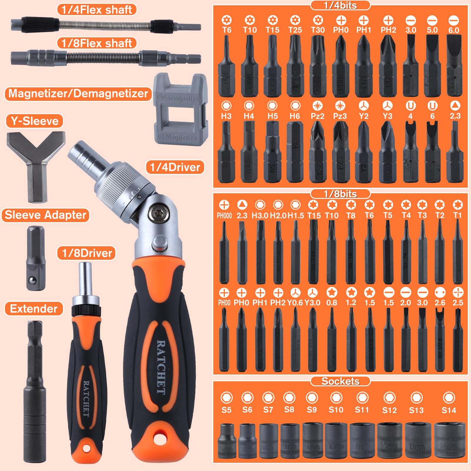 LEONTOOL Juego de destornilladores de trinquete 68 en 1 y juego de puntas de destornillador magnéticas, asas de trinquete giratorias con estuche de almacenamiento, kits de herramientas de reparación