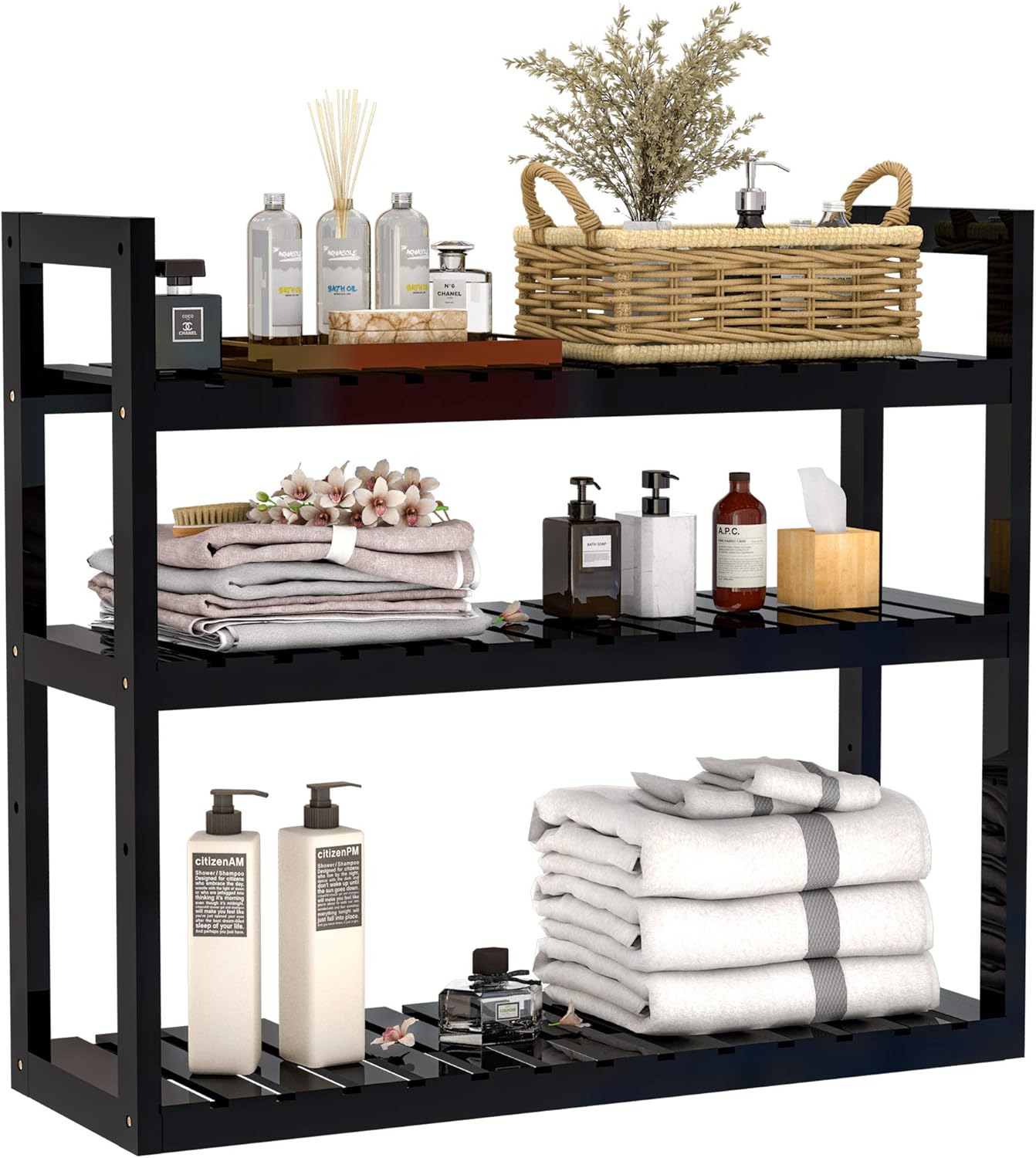 Bathroom Bamboo Shelf Organizer - 3 Tier Storage Shelf with Adjustable Wall Mounted Shelf Rack Over Toilet, Use for Bathroom, Kitchen, Living Room (Black) : Everything Else