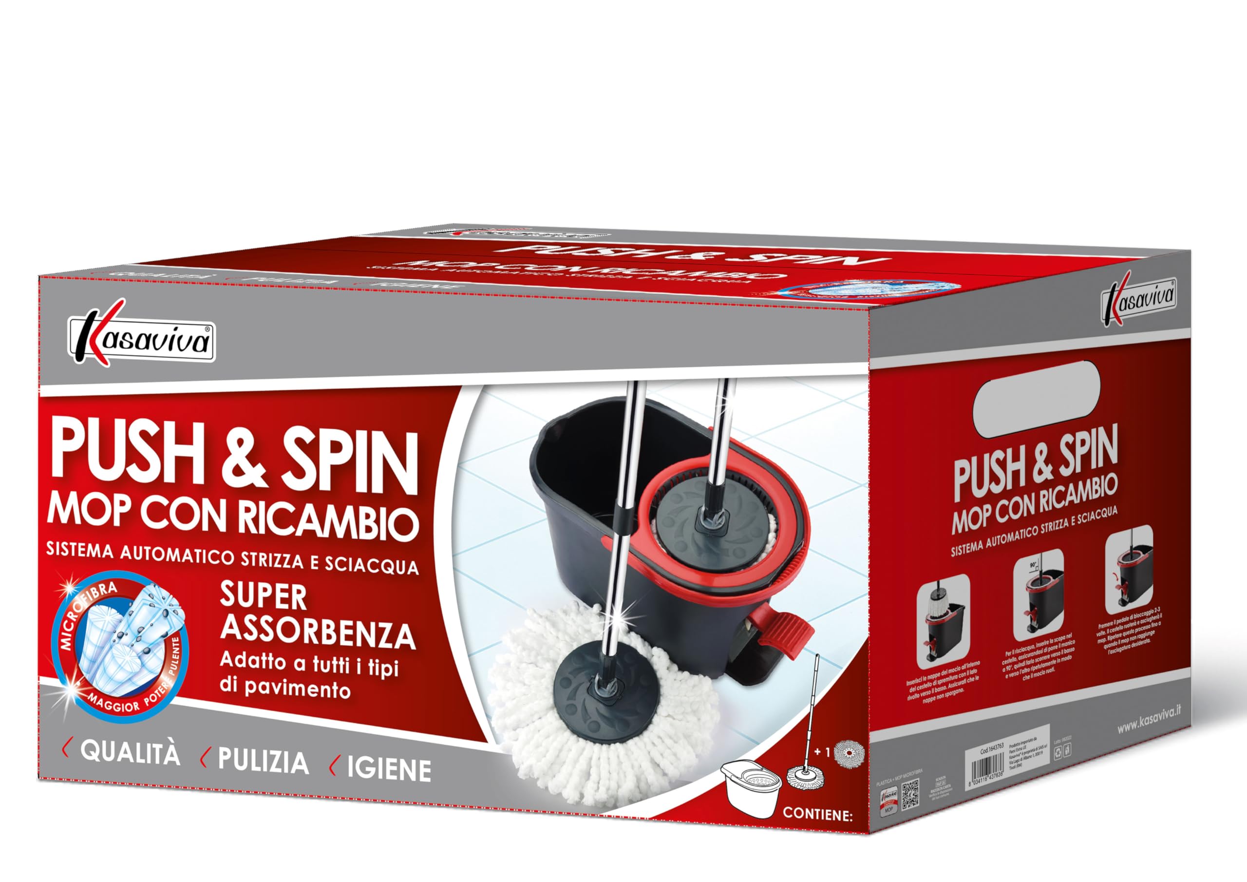 Mop mocio sistema automatico lavapavimenti con centrifuga Push & Spin, mocio rotante con secchio 13lt a pedale e con panno lavaggio in microfibra, rotomop con manico fisso 110cm, pulizia pavimenti