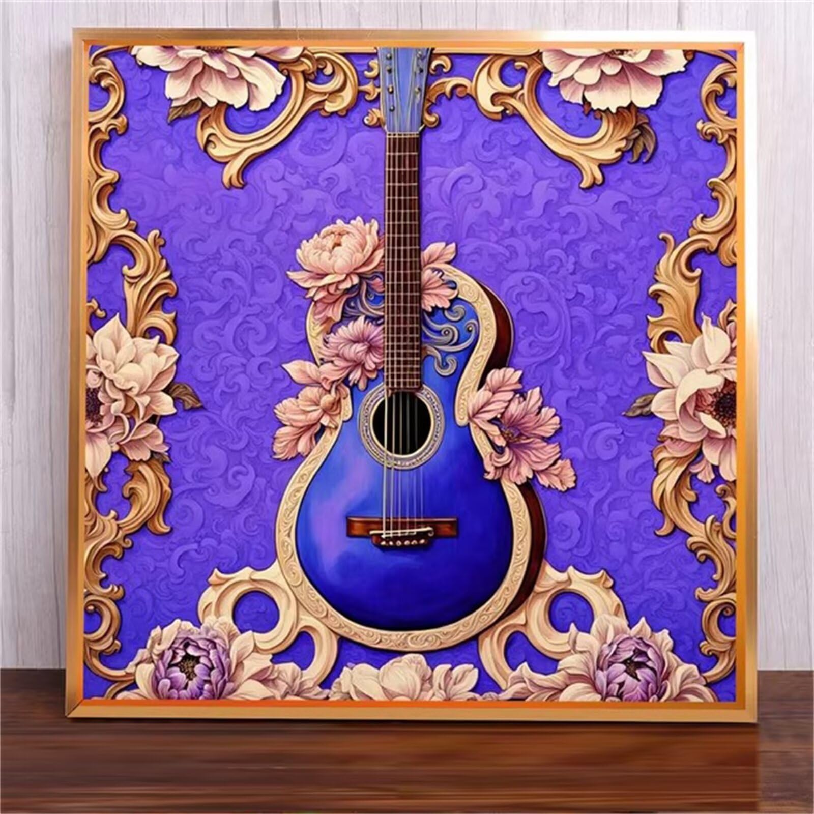 Suneve Peinture par Numéro Adulte,DIY Guitare à fleurs Peinture par Numéros sur Toile Kit D'art avec Pinceau et Pigment Acrylique pour Décoration et Cadeaux avec Cadre - 70x70cm
