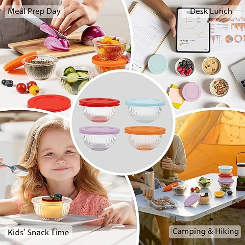 Miniatura 9 de Freshmage Cuencos pequeños de vidrio con tapas, 8 unidades - 6.25 onzas Juego de cuencos de preparación de comidas, recipientes pequeños apilables