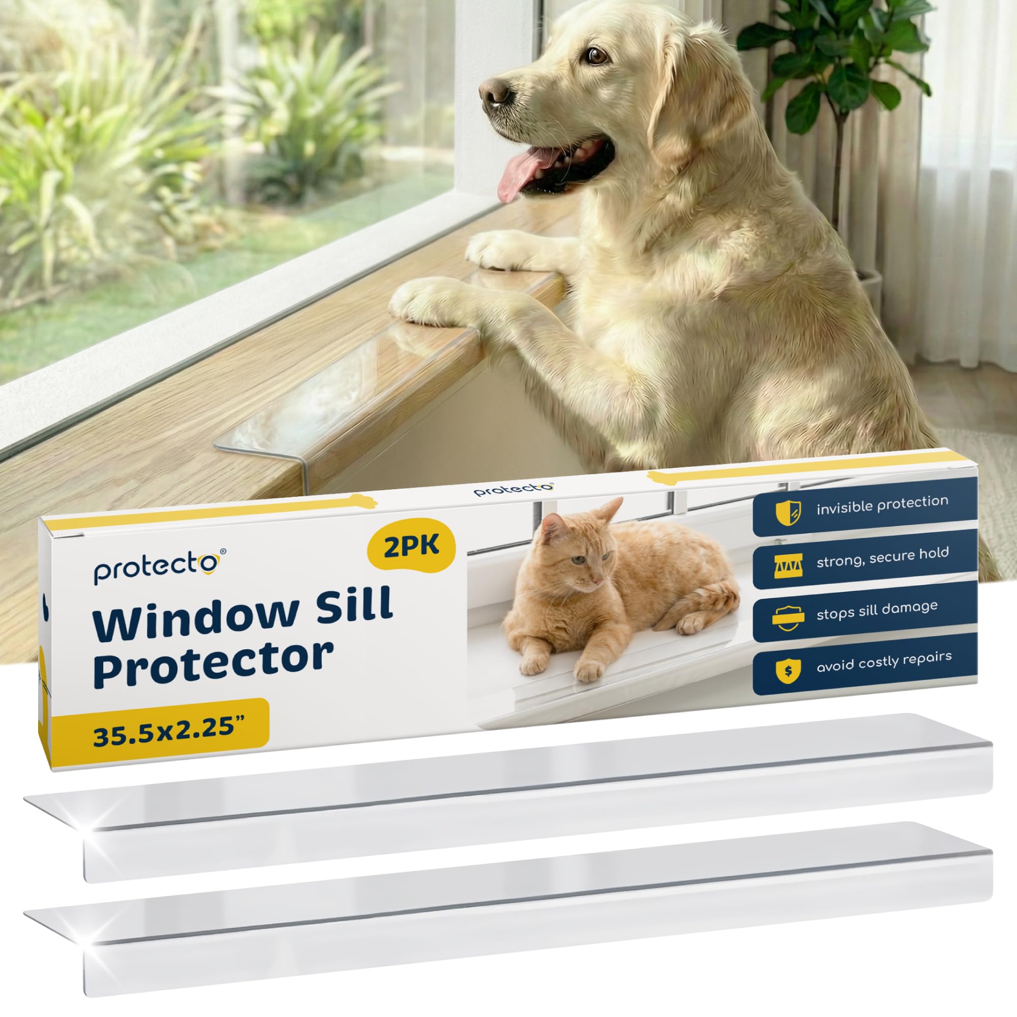 Protecto Pack de 2 Protector de Alféizar de Ventana 90 x 5,7 cm Protector Transparente contra arañazos, mordeduras y Garras de Perros y Gatos. Mantén alféizares Suaves y Patas seguras