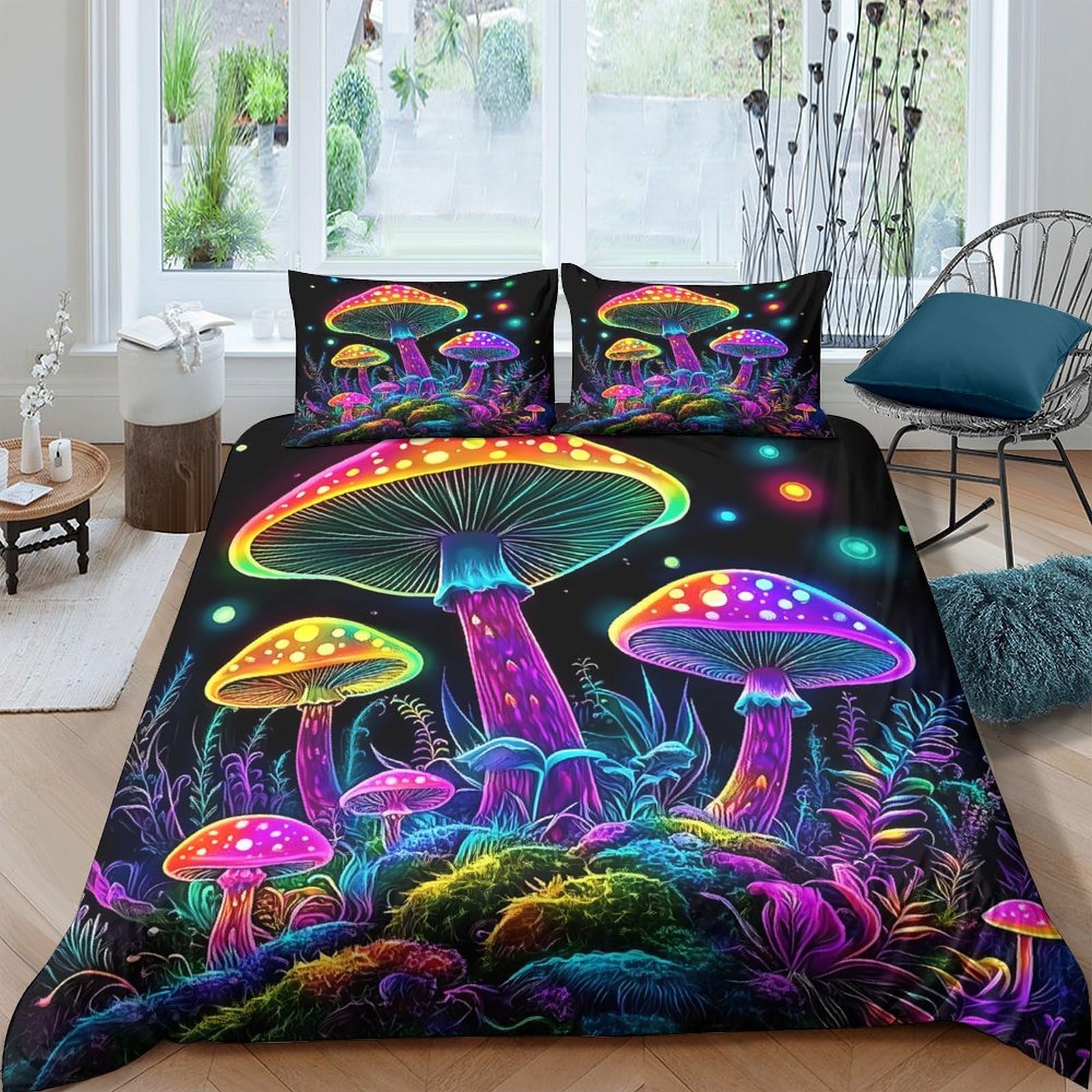 Ctjqhvkz Style-1 3D Printed Psychedelic Mushroom Fitted Sheet Microfiber Vibrant Rainbow Glow Bed Cover For Bedroom Guest Room Decor Single（135X200cm）