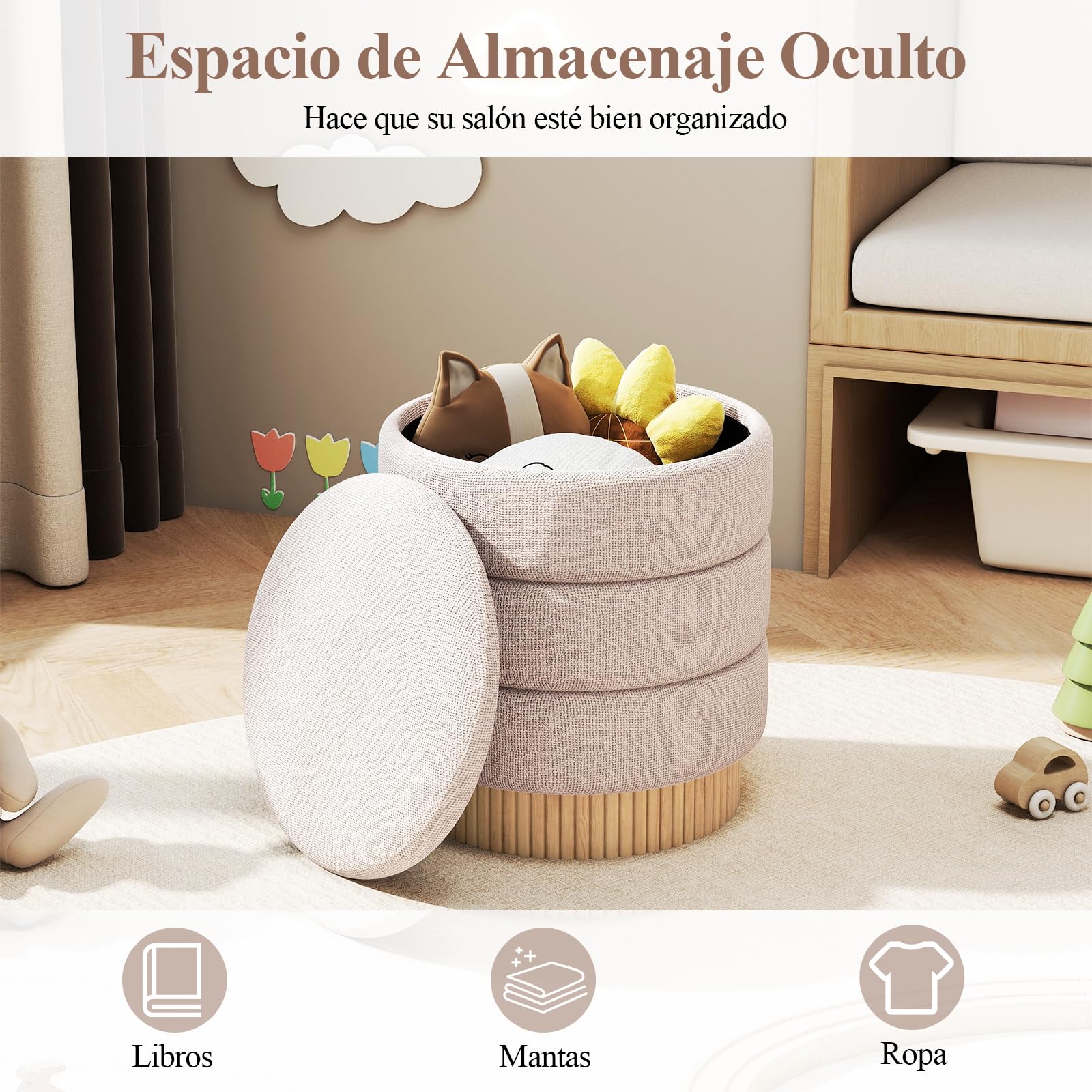 COSTWAY Puff con Almacenaje, 43x46 cm, Taburete de Tocador Redondo con Tapa Extraíble y Base de Madera, Asiento Tapizado, Mesa Ayudante y Reposapiés en uno para Salón, Dormitorio, Carga 150kg, Beige