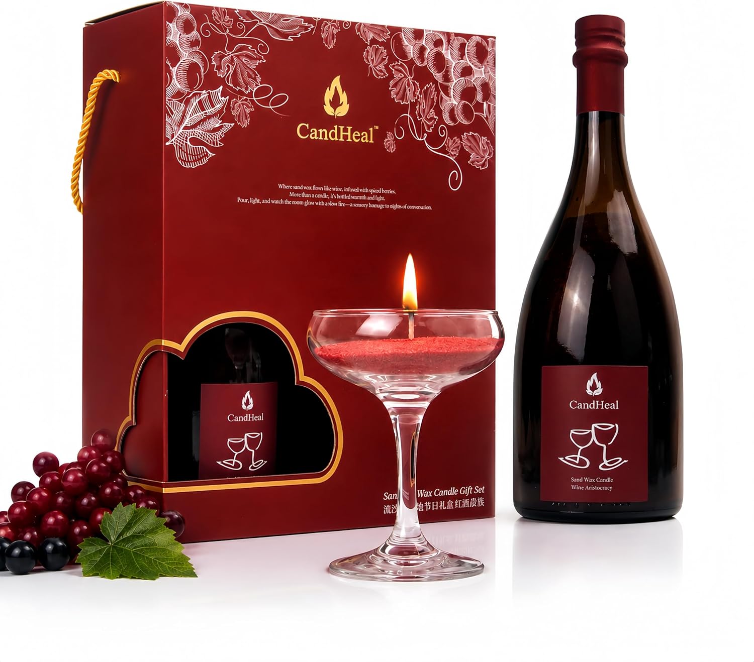 CandHeal Wine-Inspired Sand Wax Candle Set, 13.4oz Scented Pearled Candle Sand with Glasses, Wicks & Tweezers, Forest Fruits & Woody Fragrance, Decorative Candle Gift for Home & Relaxation