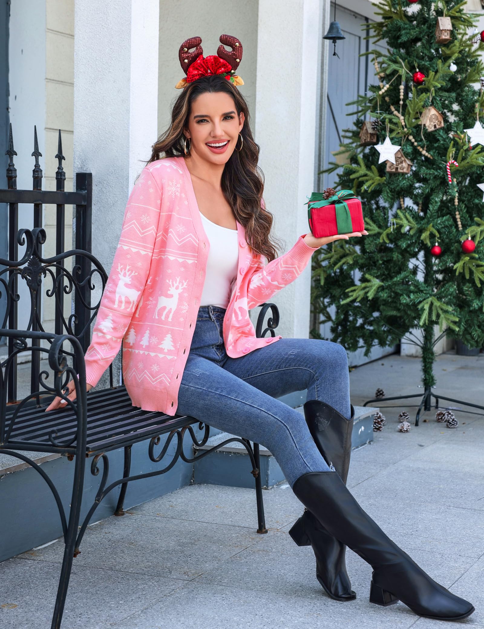 Aottori Weihnachts Strickjacke Damen Rundhals Langarm Klassisch Mit Knöpfen
