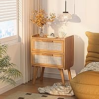 Vista 4 de Lerliuo Rattan Nightstands Set of 2, Boho Night Stand with 2 Drawers, Cane Accent Side End Table, Bedside Table with Solid Wood Legs for Bedroom