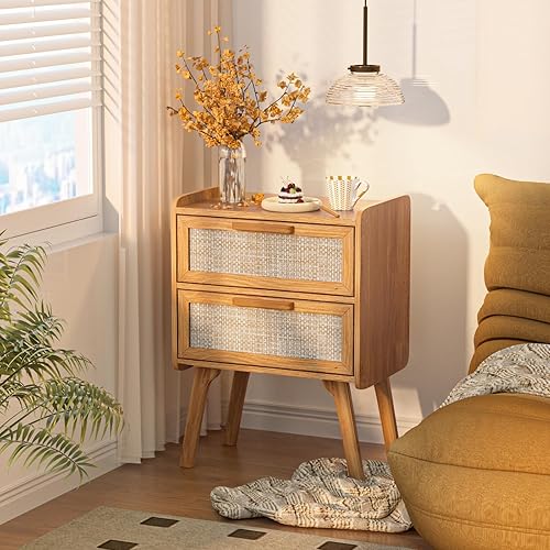 Miniatura 5 de Lerliuo Juego de 2 mesitas de noche de ratán, mesita de noche bohemia con 2 cajones, mesa auxiliar con acento de bastón, mesita de noche con patas