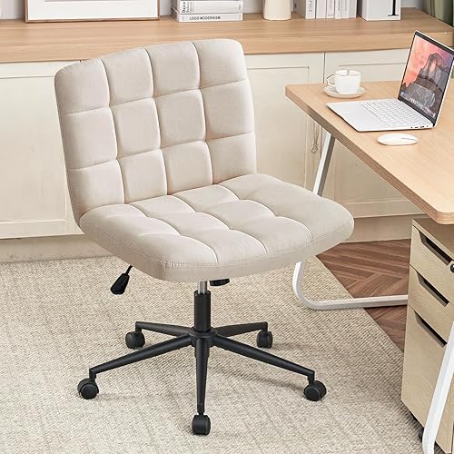 Miniatura 9 de Furniliving Silla de escritorio de oficina en casa con ruedas, silla ancha con patas cruzadas, silla ajustable de altura sin brazos con respaldo