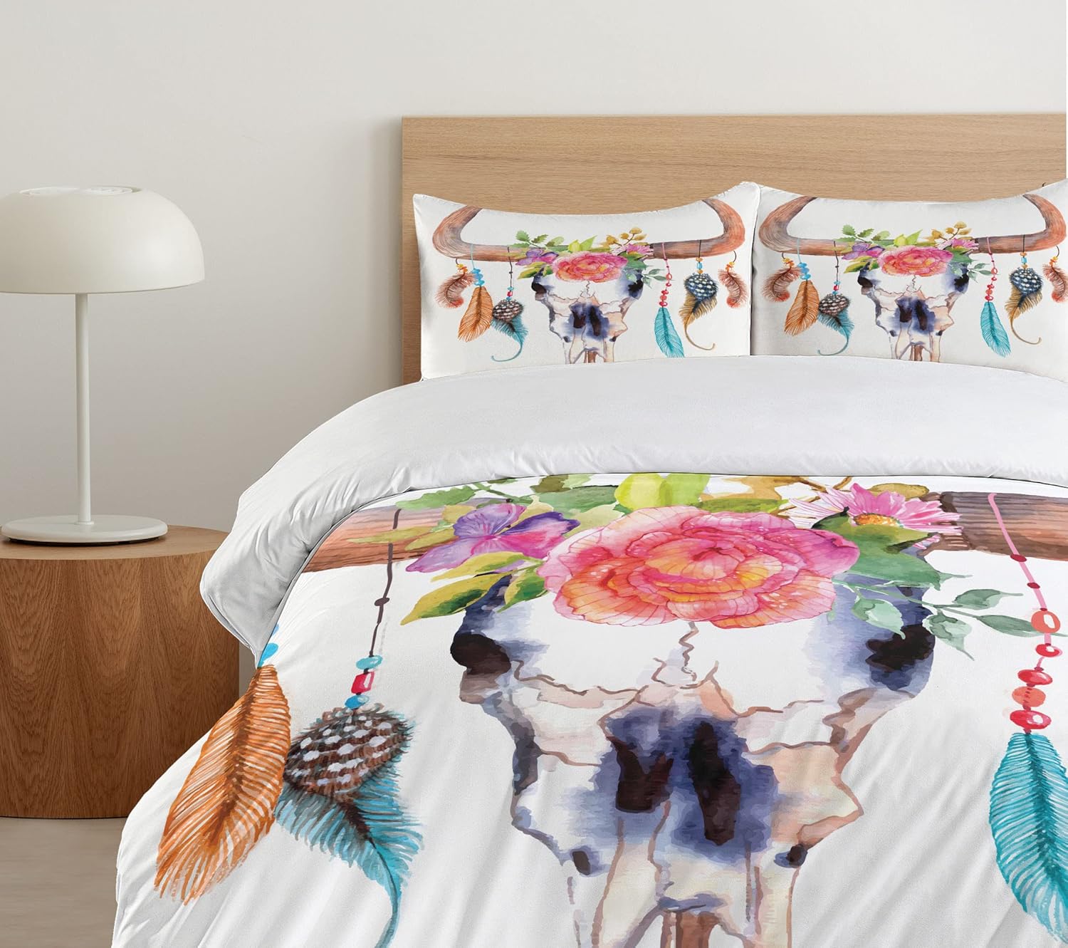 Ambesonne Watercolor Duvet Cover Set, Bull Skull Hanging Flower Feathers Inspired Design, Decorative 3 Piece Bedding Set with 2 Pillow Shams, King Size, White Pink King White Pink