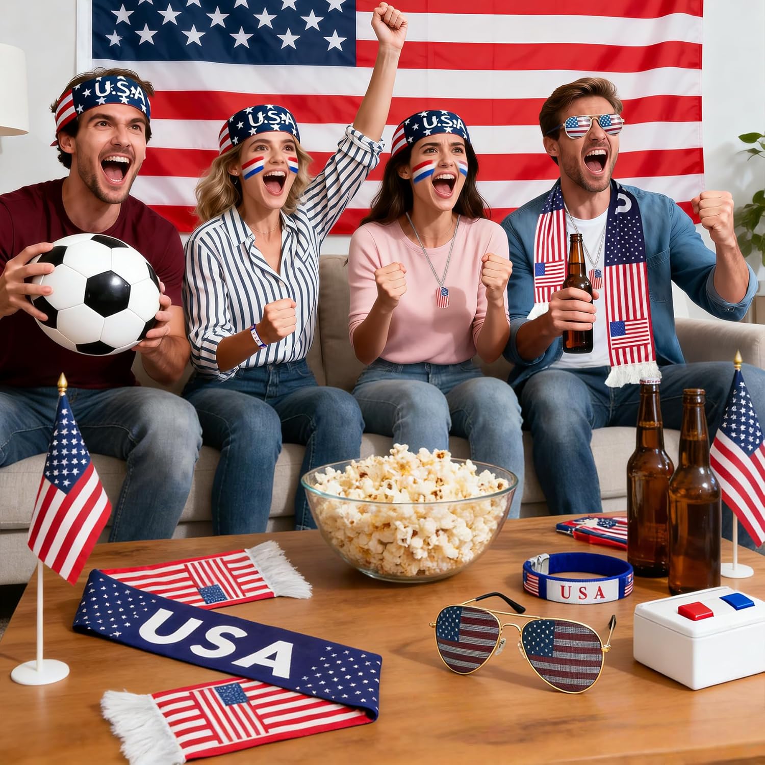 2026 USA Fan Kit - Patriotic Supporter Set for Game Day, Watch Parties & National Celebrations, Includes American Flag Scarf, Headband, Wristbands, Face Paint, Necklace, Sunglasses (7-piece set) - Image 5