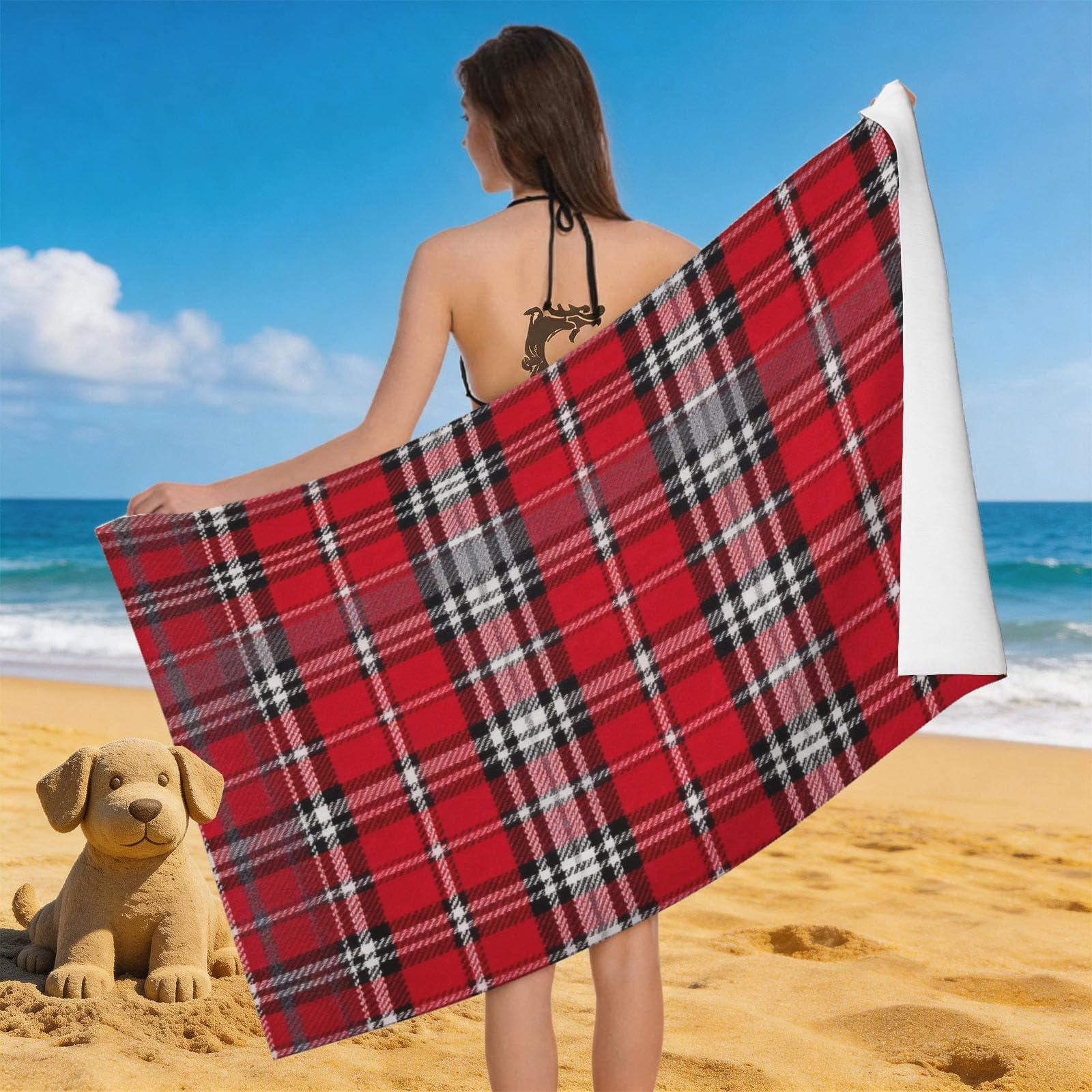 Leichong 3D Scottish Plaid Beach Towel Microfiber Soft Quick Dry for Adults, Geometry Bath Towel Lightweight Soft Absorbent for Travel Swimming Pool Sports, 75 x 150 cm