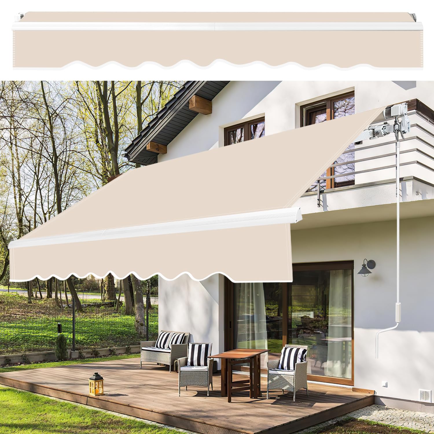 Randaco Tenda da sole con braccio snodato, 350 x 300 cm, beige, con manovella, angolo di inclinazione fino a 30 gradi, protezione solare impermeabile