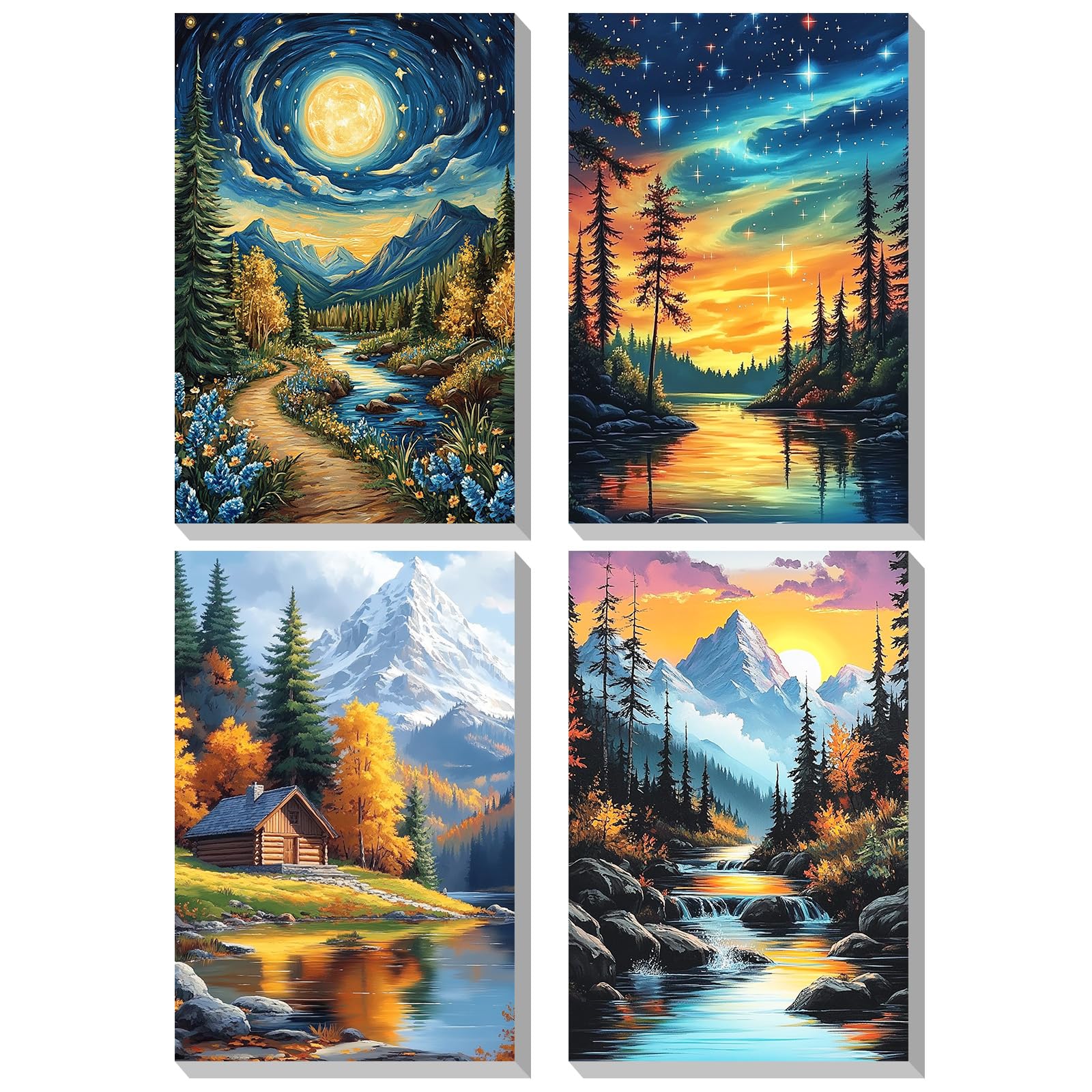 KEYIFA 4 Pack Paint by Numbers Kits for Adults Beginners, Starry Sky Scenery Paint by Numbers Framed on Canvas，DIY Craft Art Painting Kits for Children，Oil Painting Kits Home Wall Decor