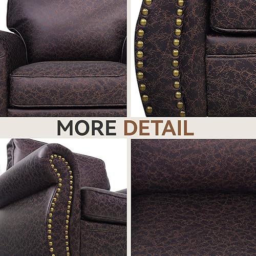 Miniatura 6 de Sofá remache, juegos de sala de estar, sofá de mediados de siglo, marco de madera maciza para sala de estar, sofás vintage (marrón, sofá biplaza + 3