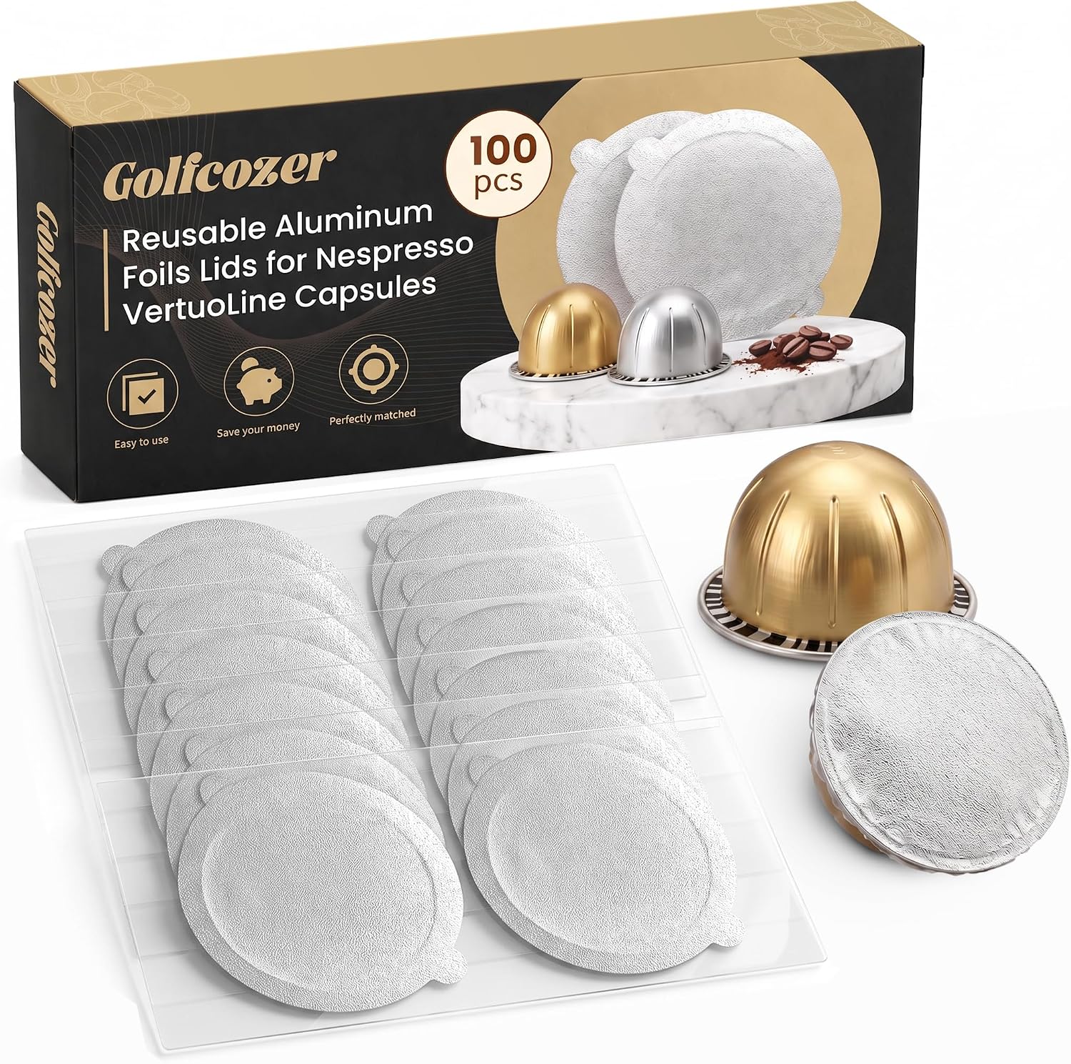 Reusable Pods Aluminum Foil Seals for Nespresso VertuoLine Capsules, 100PCS Refillable Foil Lids Compatible with Nespresso VertuoPlus Vertuo Capsules, Reusable Coffee Pod Covers (Pods Not Included)