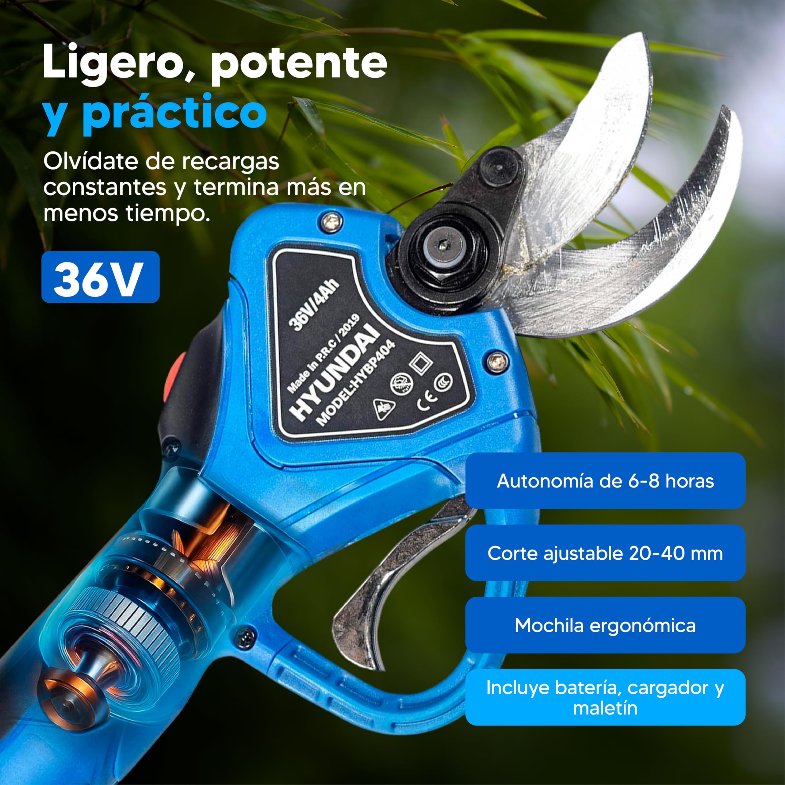 Hyundai Tijeras De Podar Electricas - Podadora a Bateria con Diámetro de Corte Ajustable - Podadora Electrica Jardin Potencia 144Wh y Voltaje 36V Trabaja de 6 a 8 horas con el 100% de carga