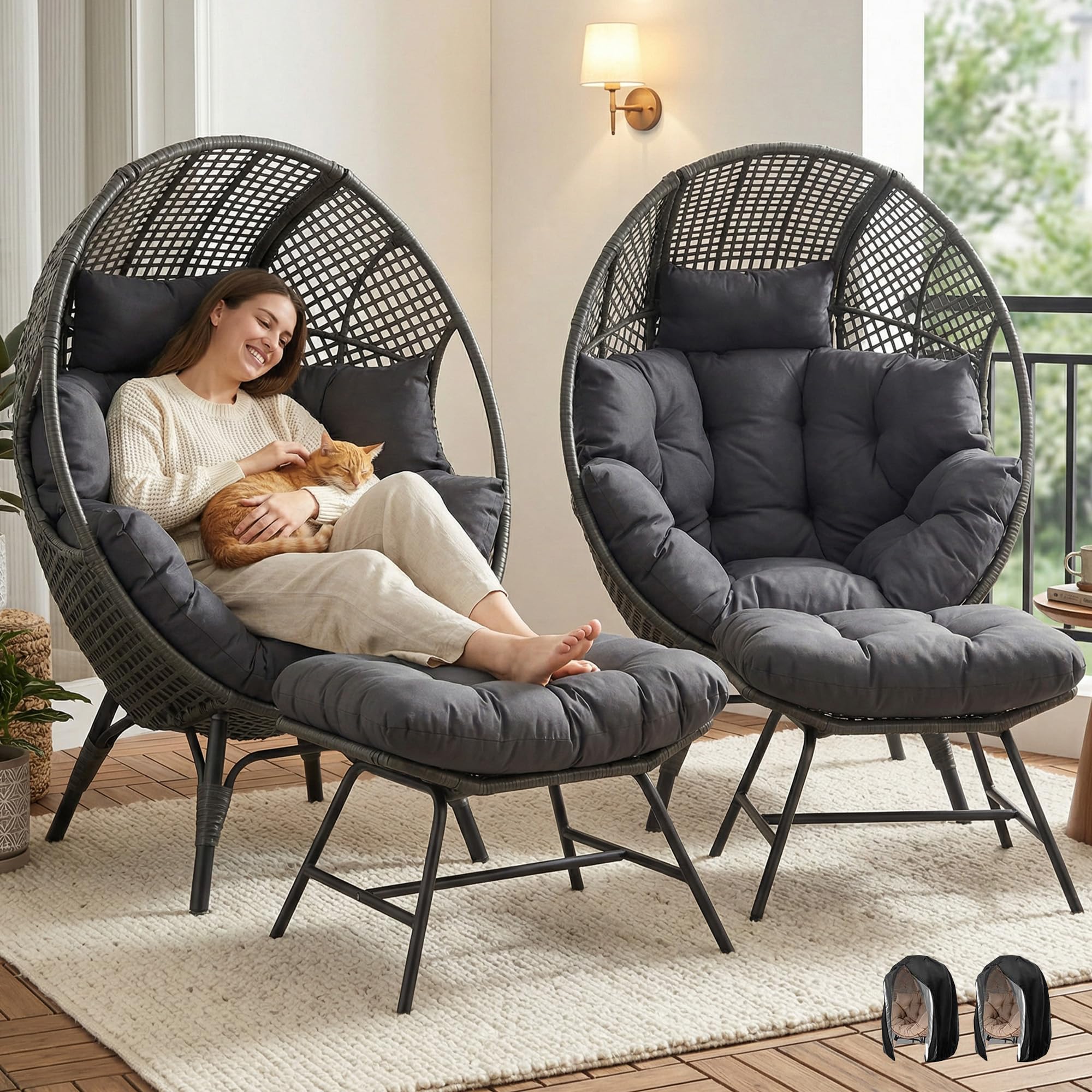 NICESOUL® 2 Person Wicker Stationary Egg Chair Indoor Outdoor Egg Basket Lounge Chair Oversized Egg Seat with Legs 440lbs Egg Nest Chair with Ottoman,