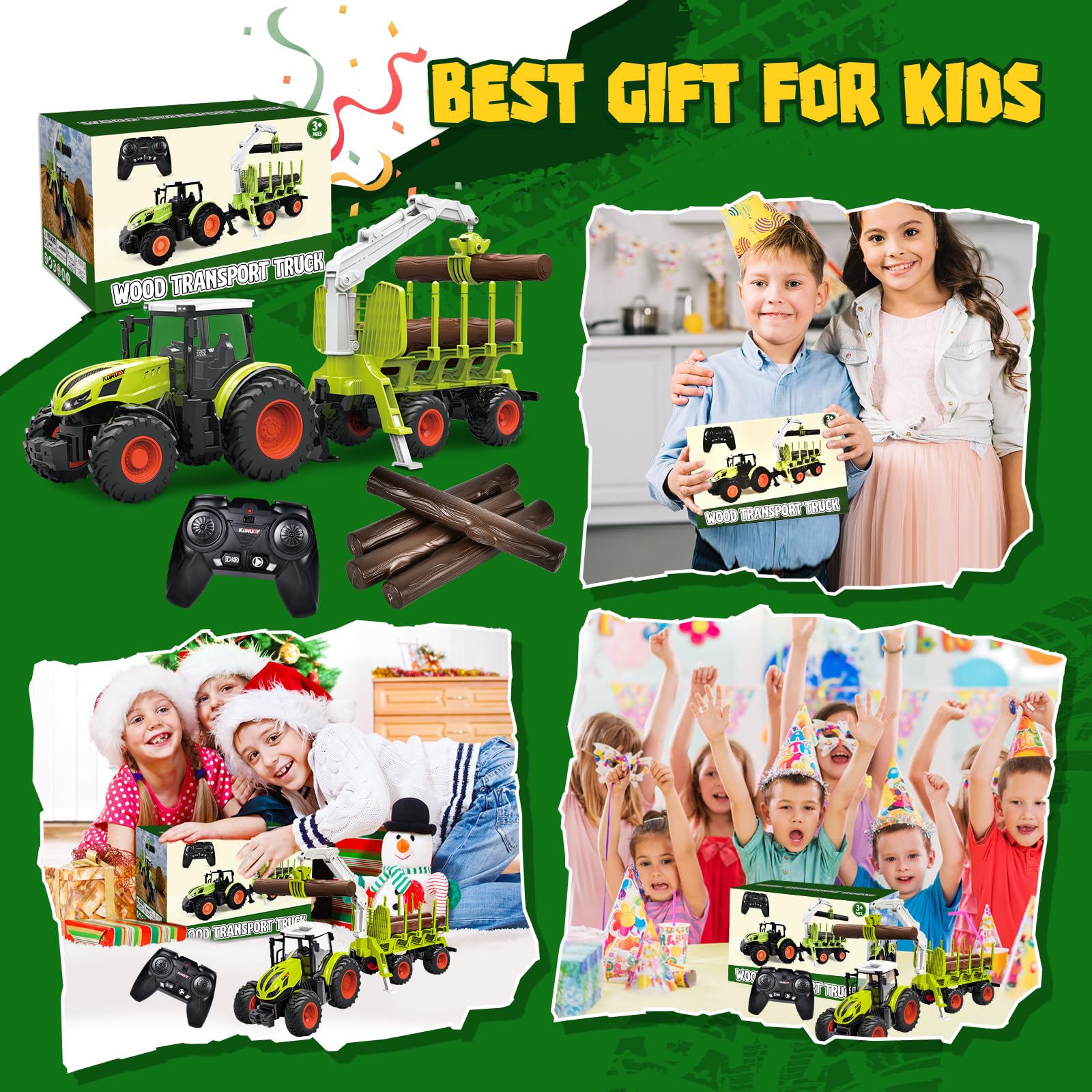 Aragallant RC Tracteur Télécommandé Enfant avec Remorque Forestière et Grappin, Jouet Ferme 2-6 Ans