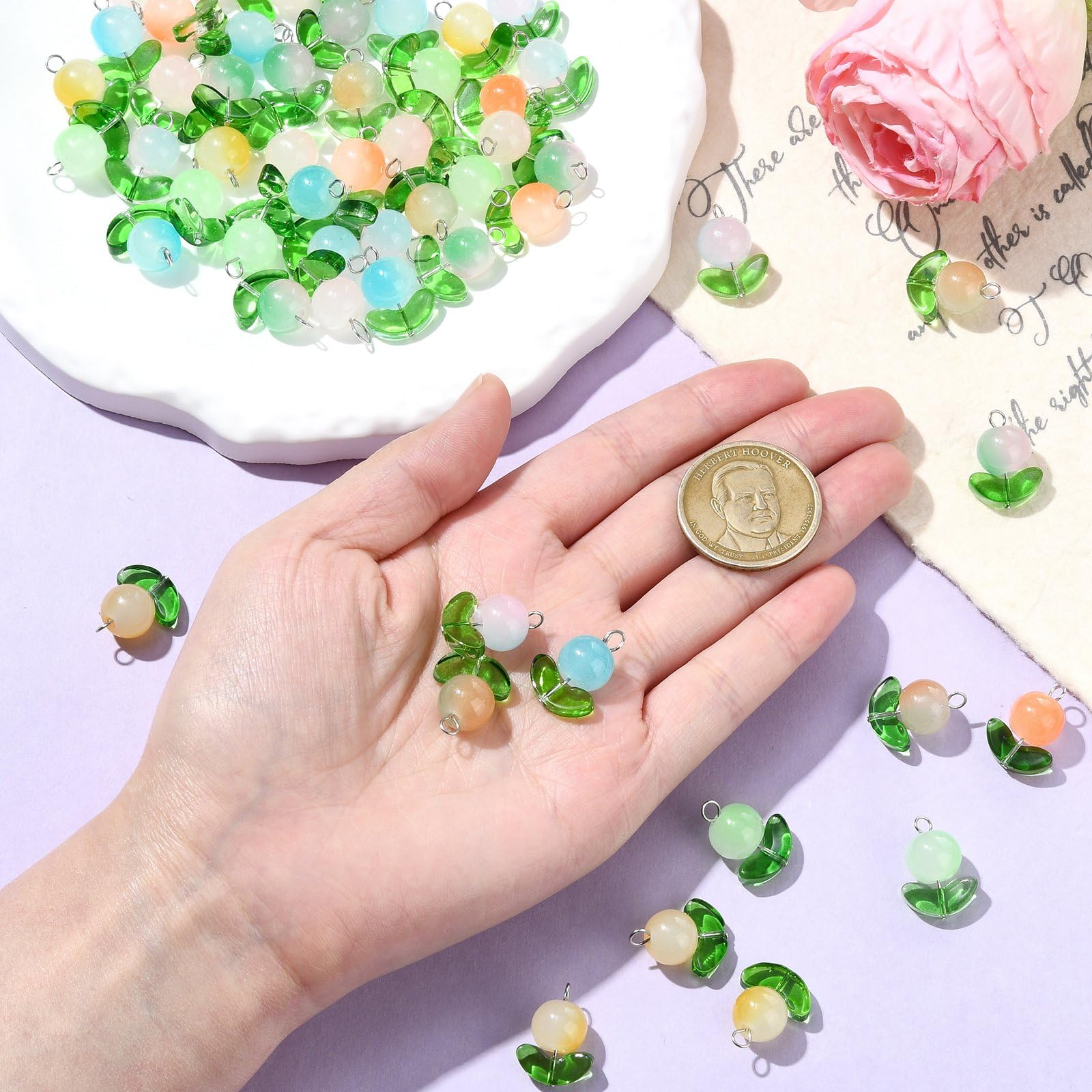 Stiesy 80Pcs 8 Colors Glass Flower Charms Pendants with Green Leaf Glass Beads Charm Imitation Jelly Round Bead Floral Plant Charms for DIY Jewellery Crafts Bracelet Necklace Earrings Making - Image 4
