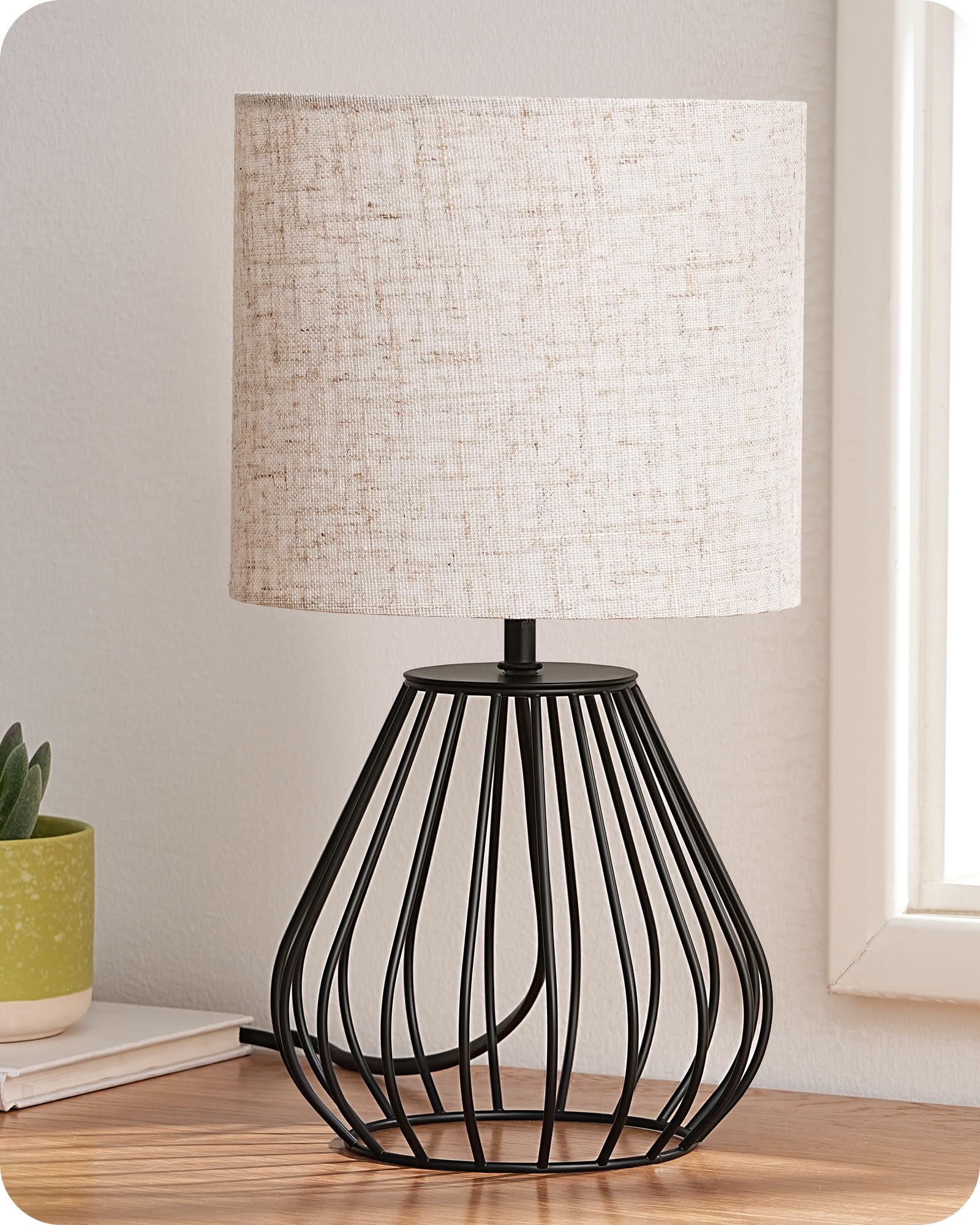 EDISHINE Bedside Lamp, Table Lamp with Metal Cage Base & Linen Lampshade, Modern Lamps for Living Room Bedroom, E14 Socket (Bulb Included), Teardrop Cage, Black