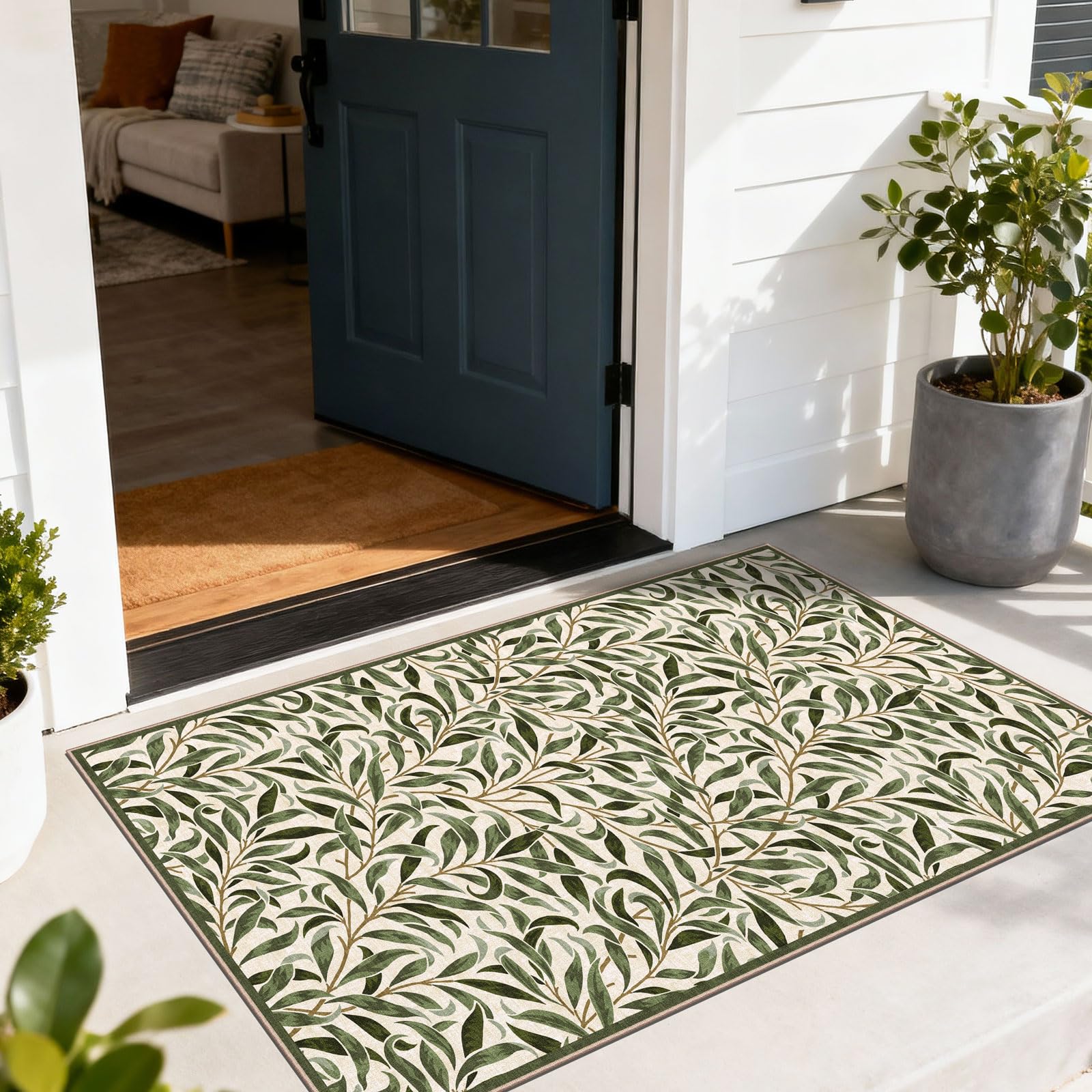 Othilic Boho Outdoor Rug - 28" x 43" Front Door Mat Indoor Outside Entrance Non-Slip Washable Outdoor Mat Spring Sage Green Leaf Rug for Entryway Kitchen Bedroom Layered Doormat for Front Porch