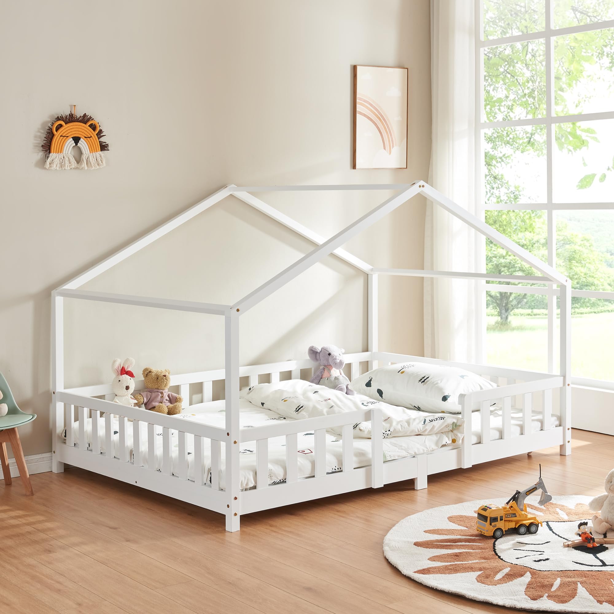 [en.casa] Letto per Cameretta a Forma di Casetta con Barriera di Protezione Letto Piazza e Mezza per Bambini Struttura in Legno di Pino 120 x 200 cm Bianco